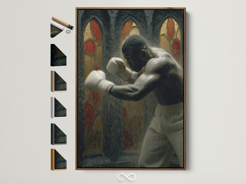 Boxer throwing a punch in a dark gothic scene with white gloves, gold highlights and red oval halos