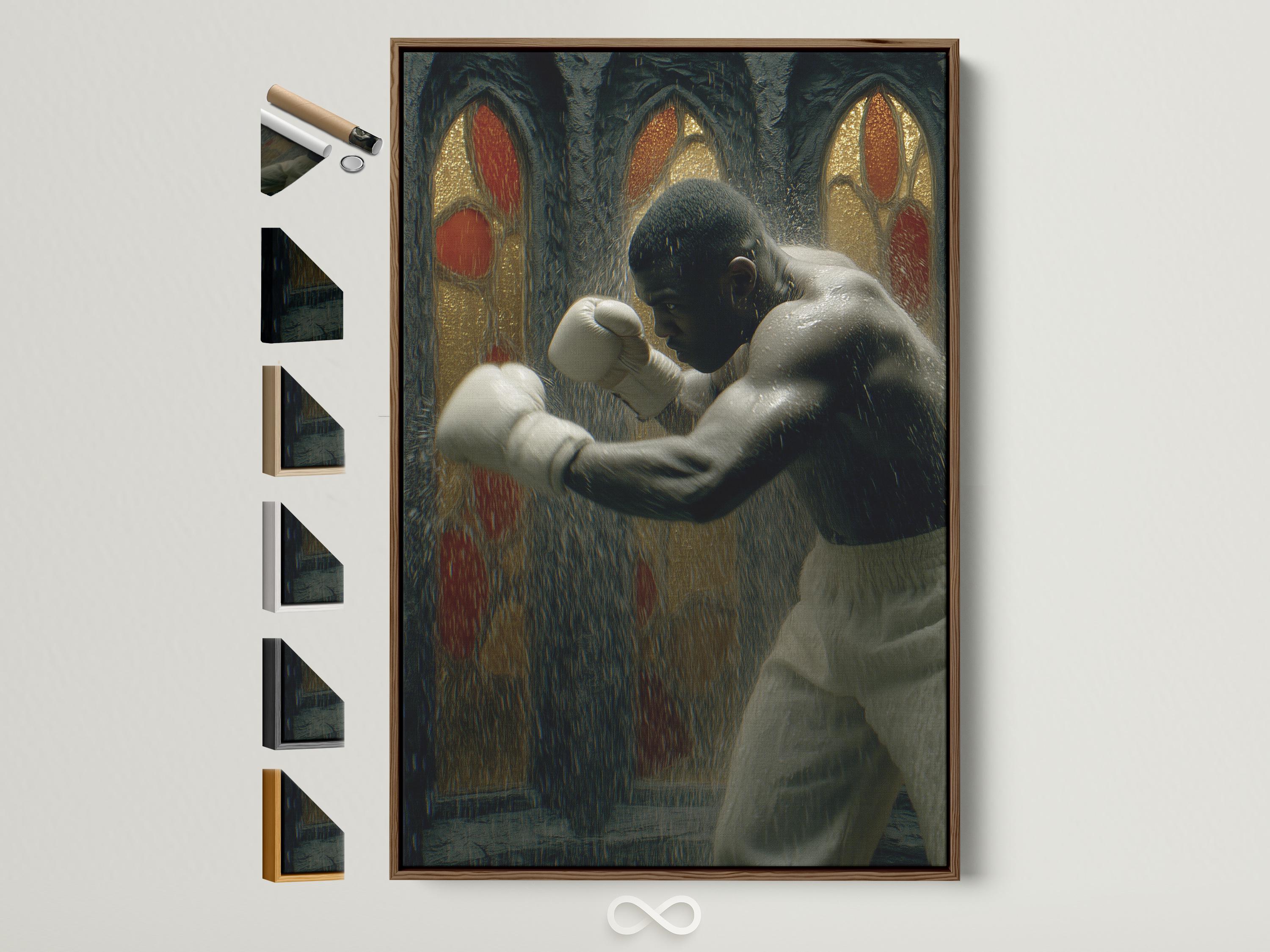 Boxer throwing a punch in a dark gothic scene with white gloves, gold highlights and red oval halos