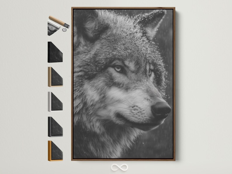 Monochrome wolf portrait artwork with detailed grayscale fur and a dark smoky background