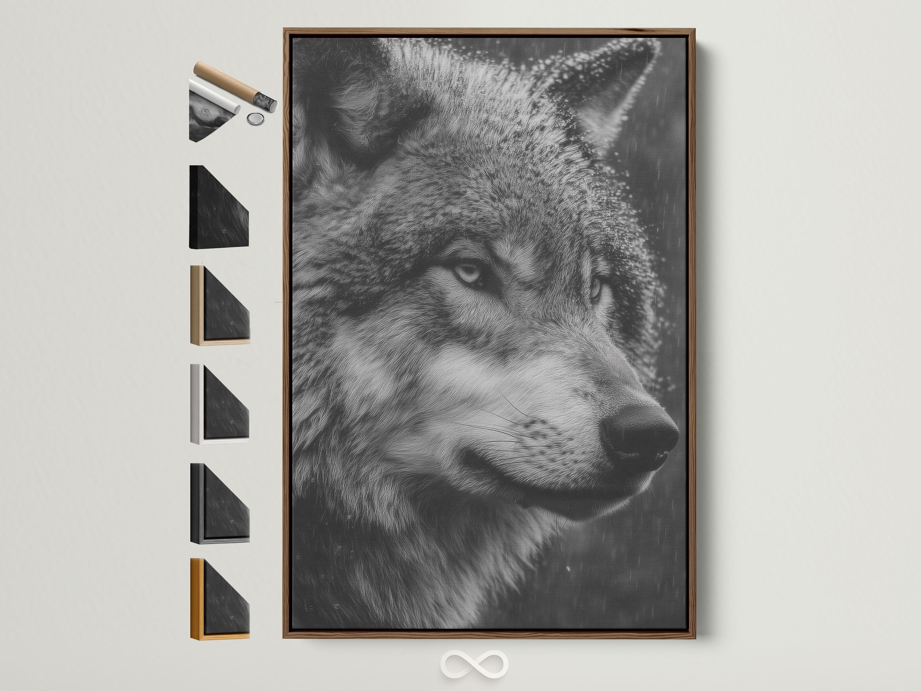 Monochrome wolf portrait artwork with detailed grayscale fur and a dark smoky background
