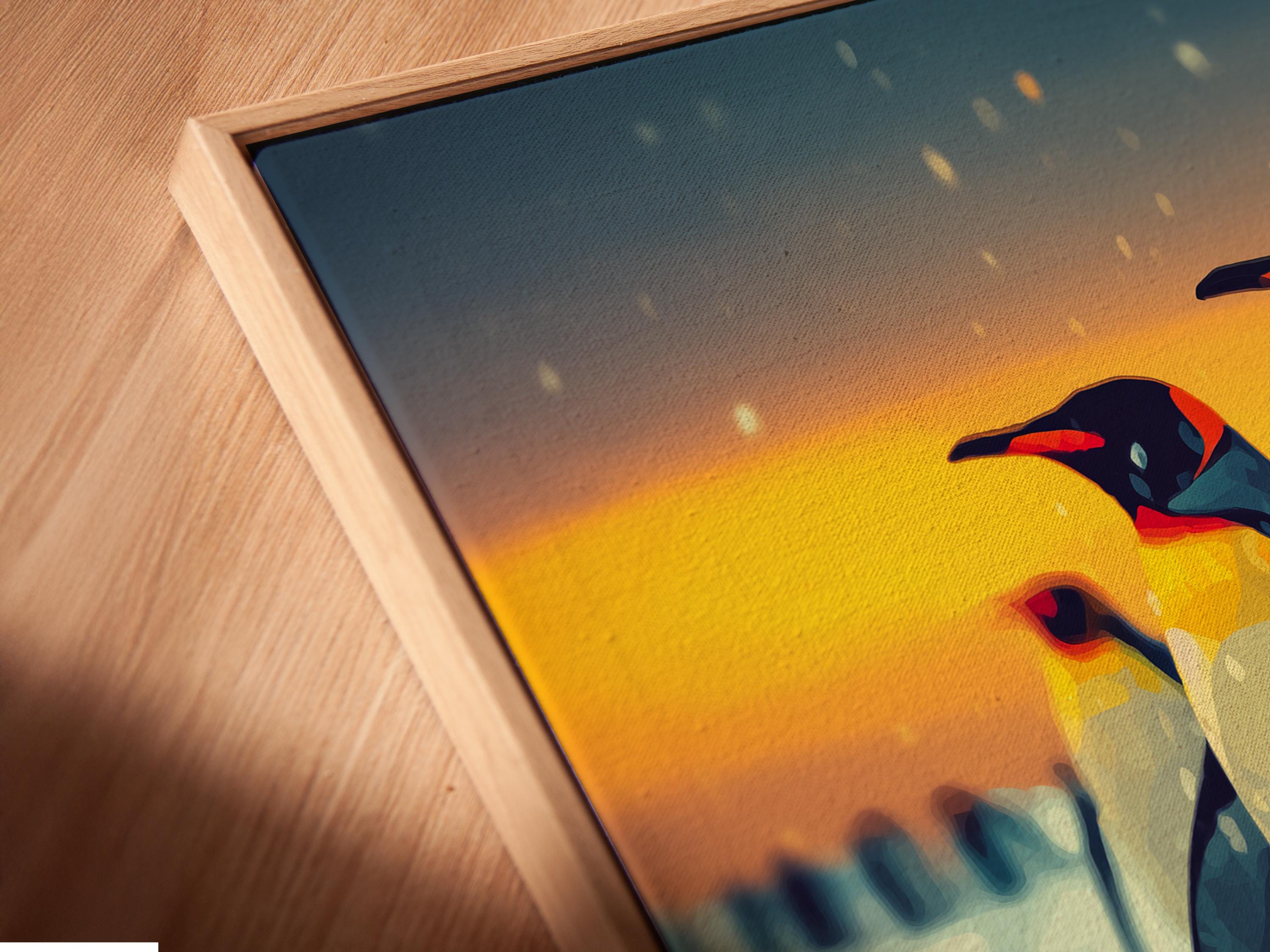 Two stylised penguins standing on an icy landscape under a sunset sky detail view