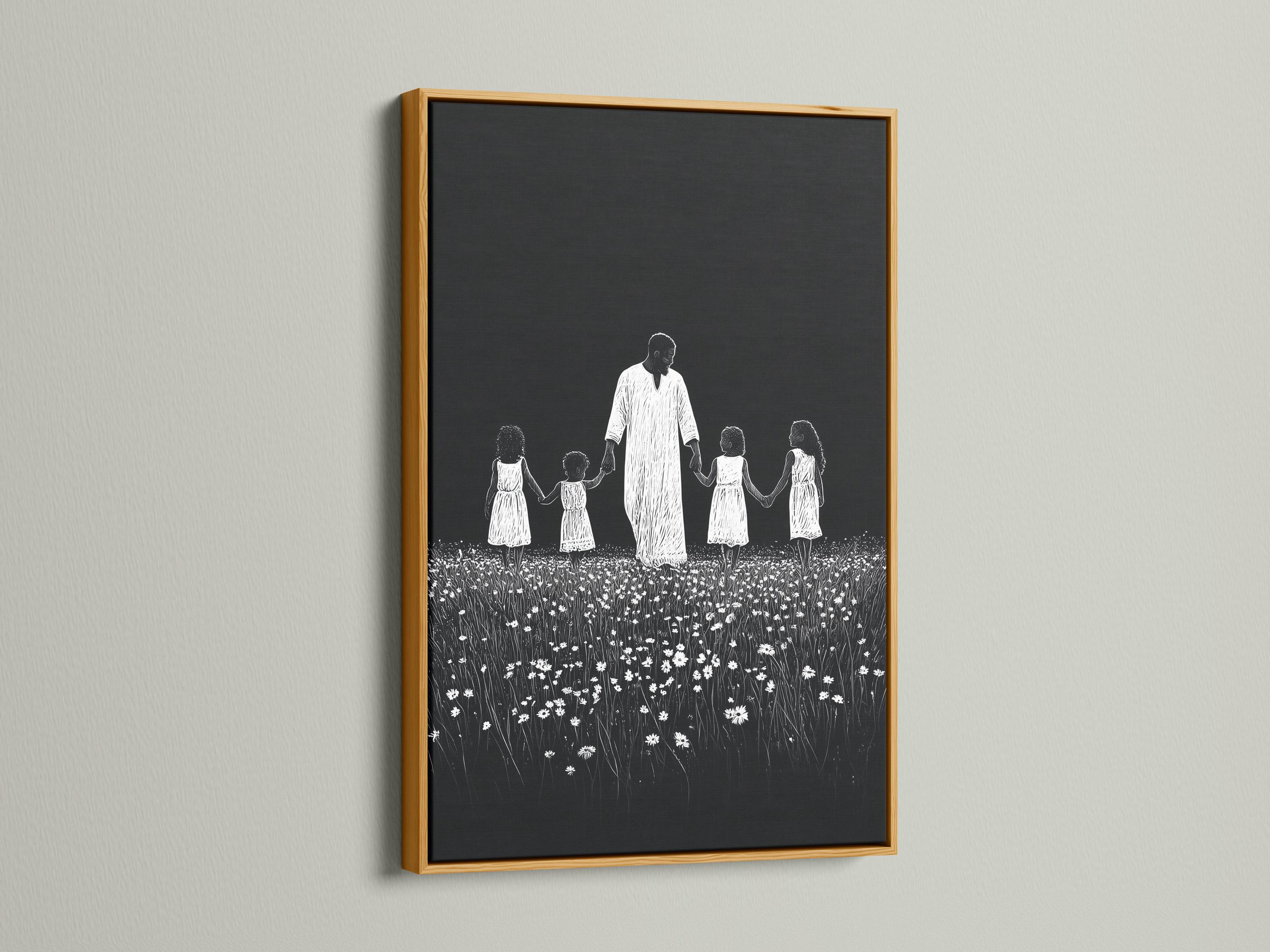 Monochrome line-art family scene of a father holding daughters’ hands in a flower field detail view