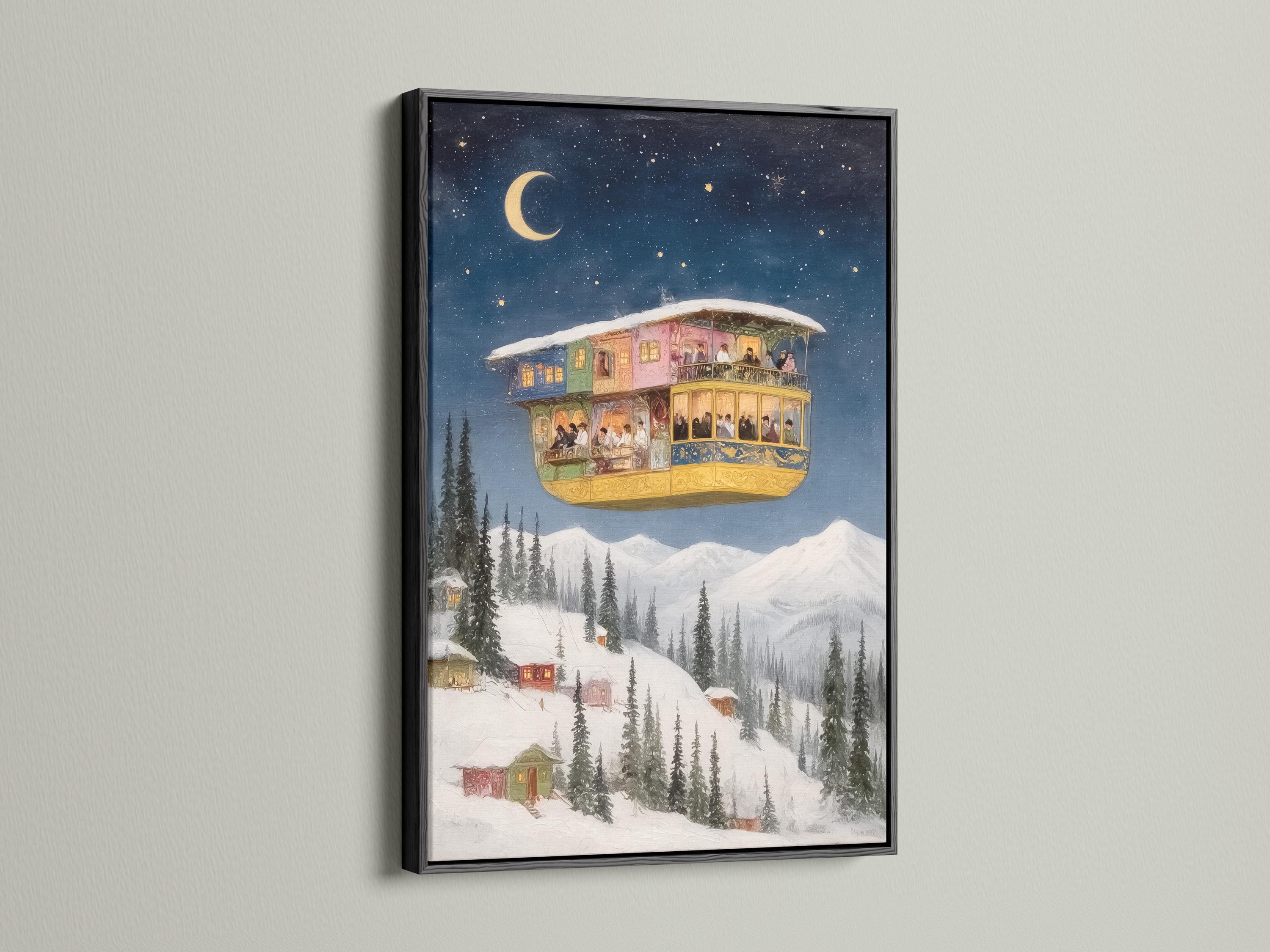 Floating house winter night scene with a large moon, starry sky, and snowy evergreen trees detail view