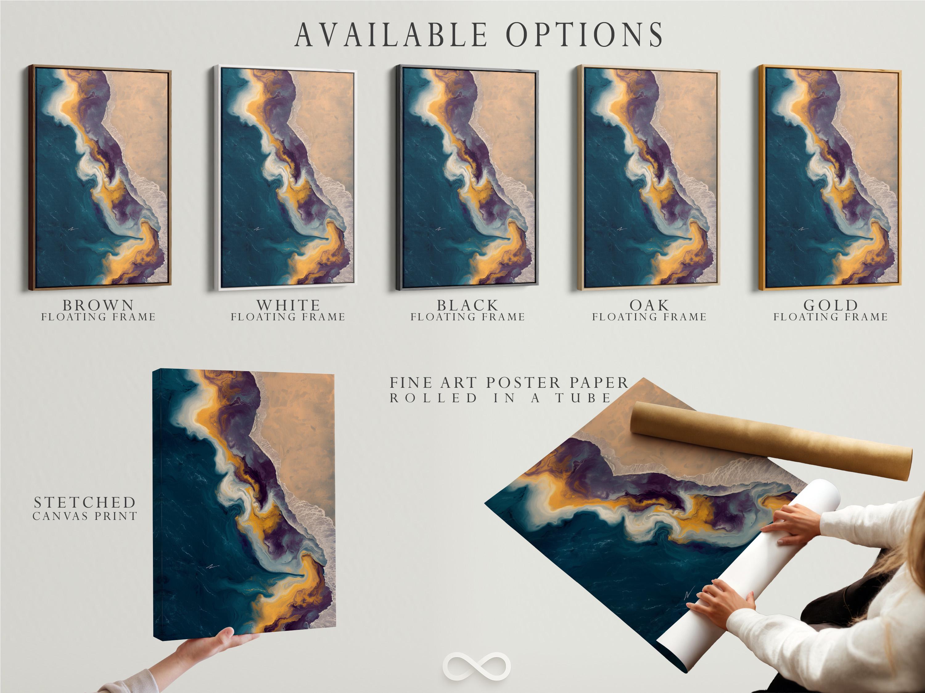Room mockup showing an abstract seascape artwork with teal, gold and beige tones