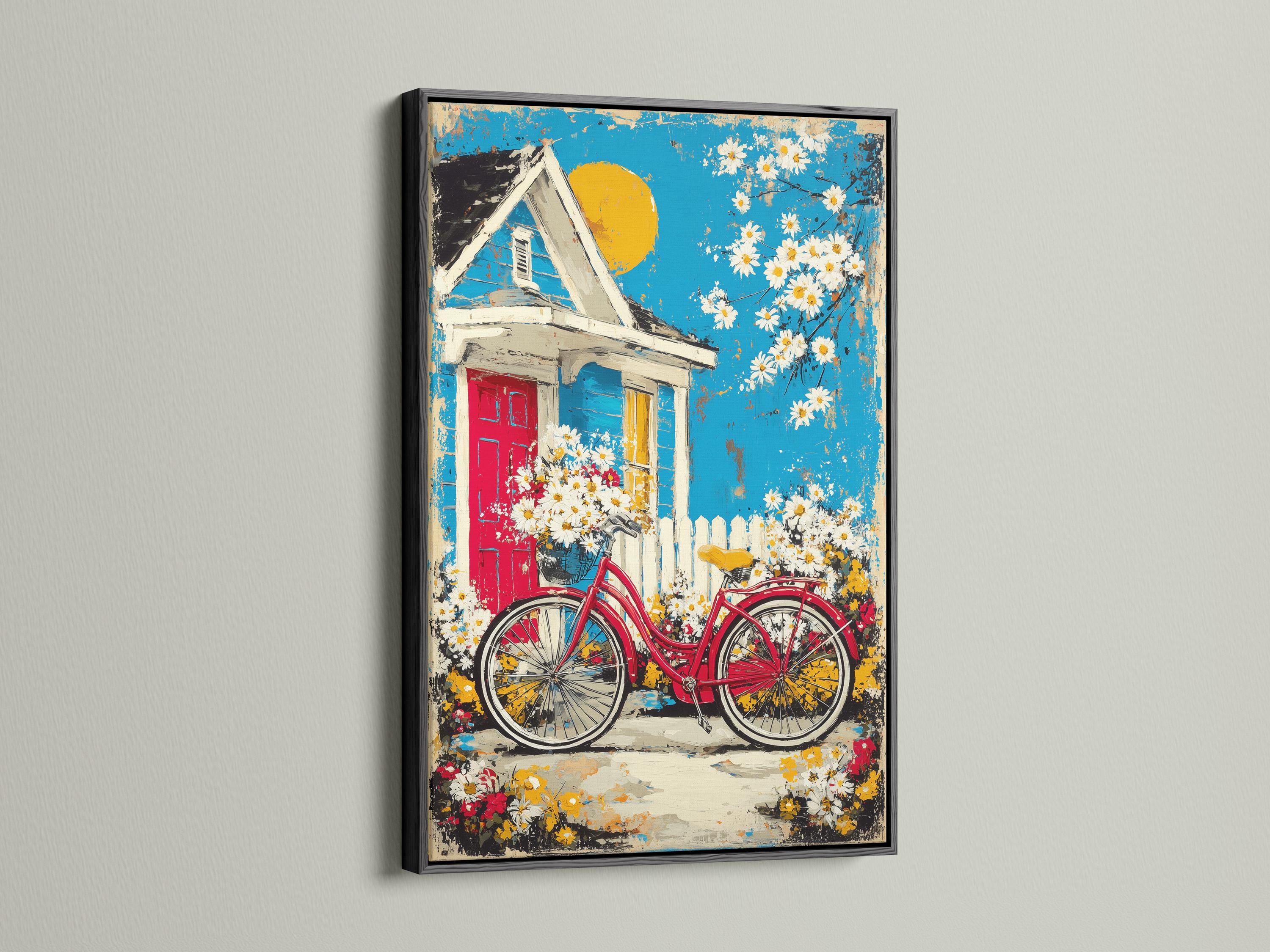 Red bicycle and daisies in front of a cottage house under a bright blue sky detail view