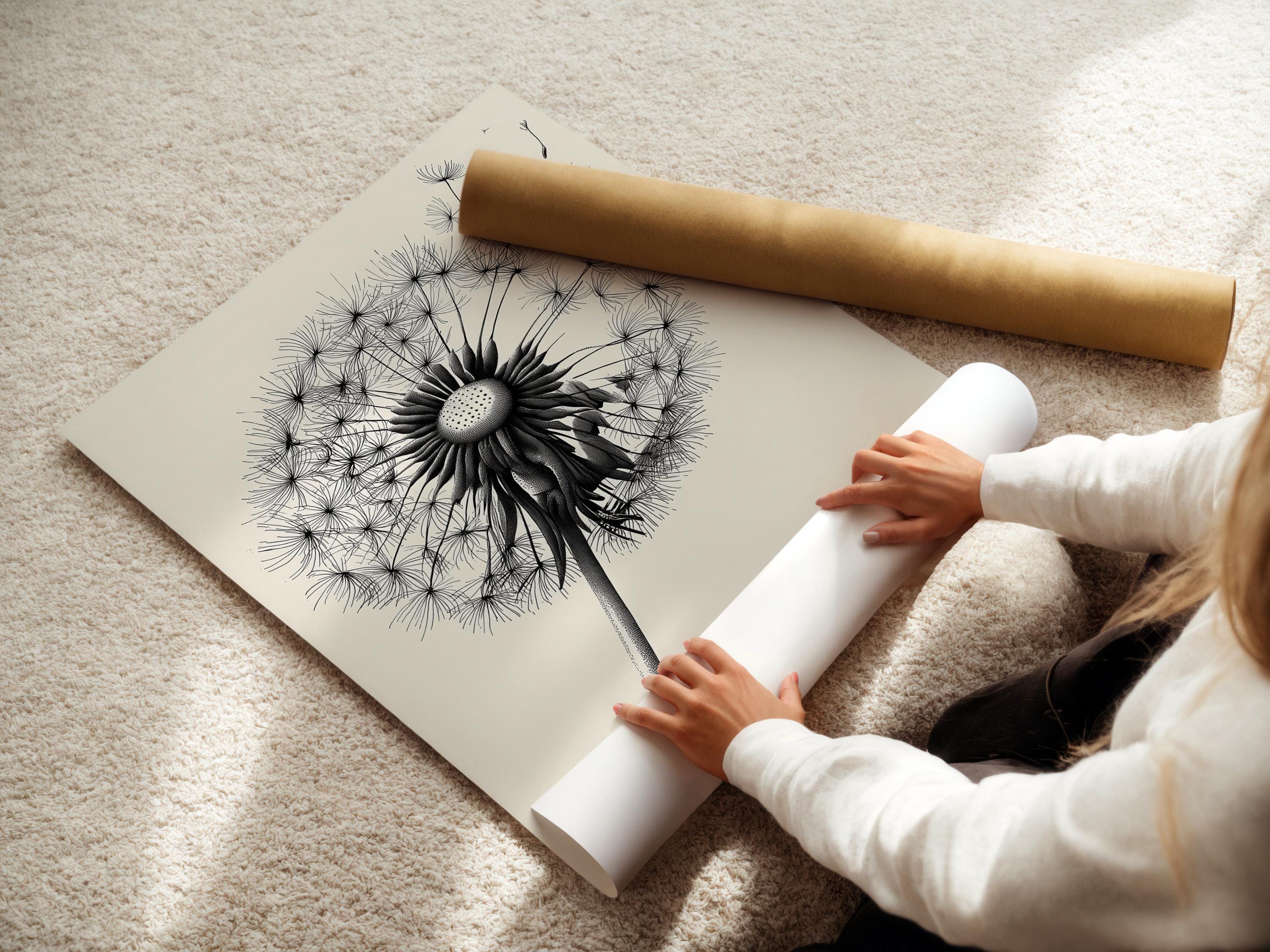Minimalist black and white dandelion line illustration on a light background detail view