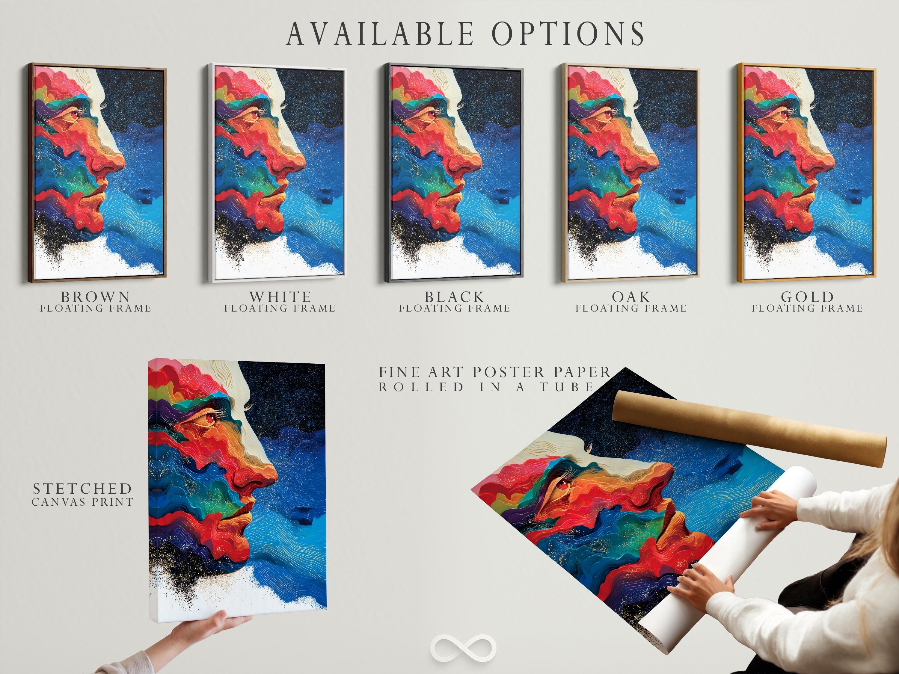 Abstract face in side profile with flowing red, blue and teal shapes and warm gold highlights on a dark starry background detail view