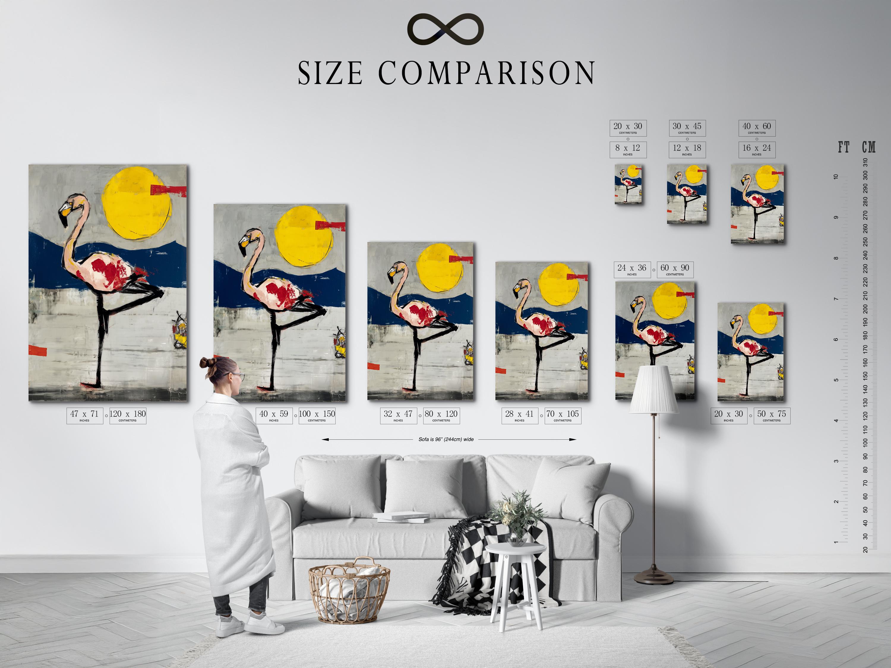 Room mockup showing a framed flamingo artwork with a yellow sun and navy blue horizon