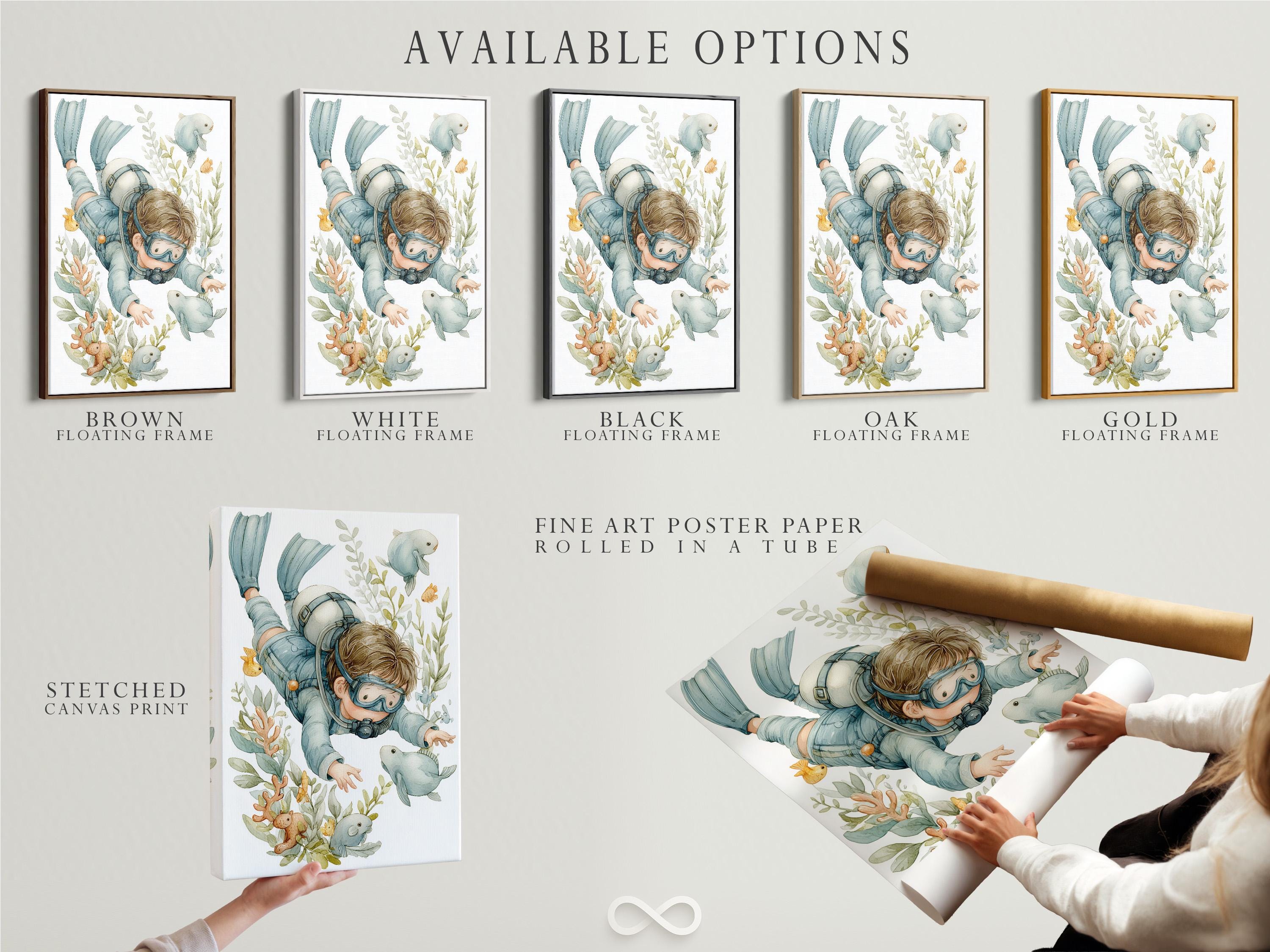 Mockup showing a framed underwater diver illustration with fish and coral