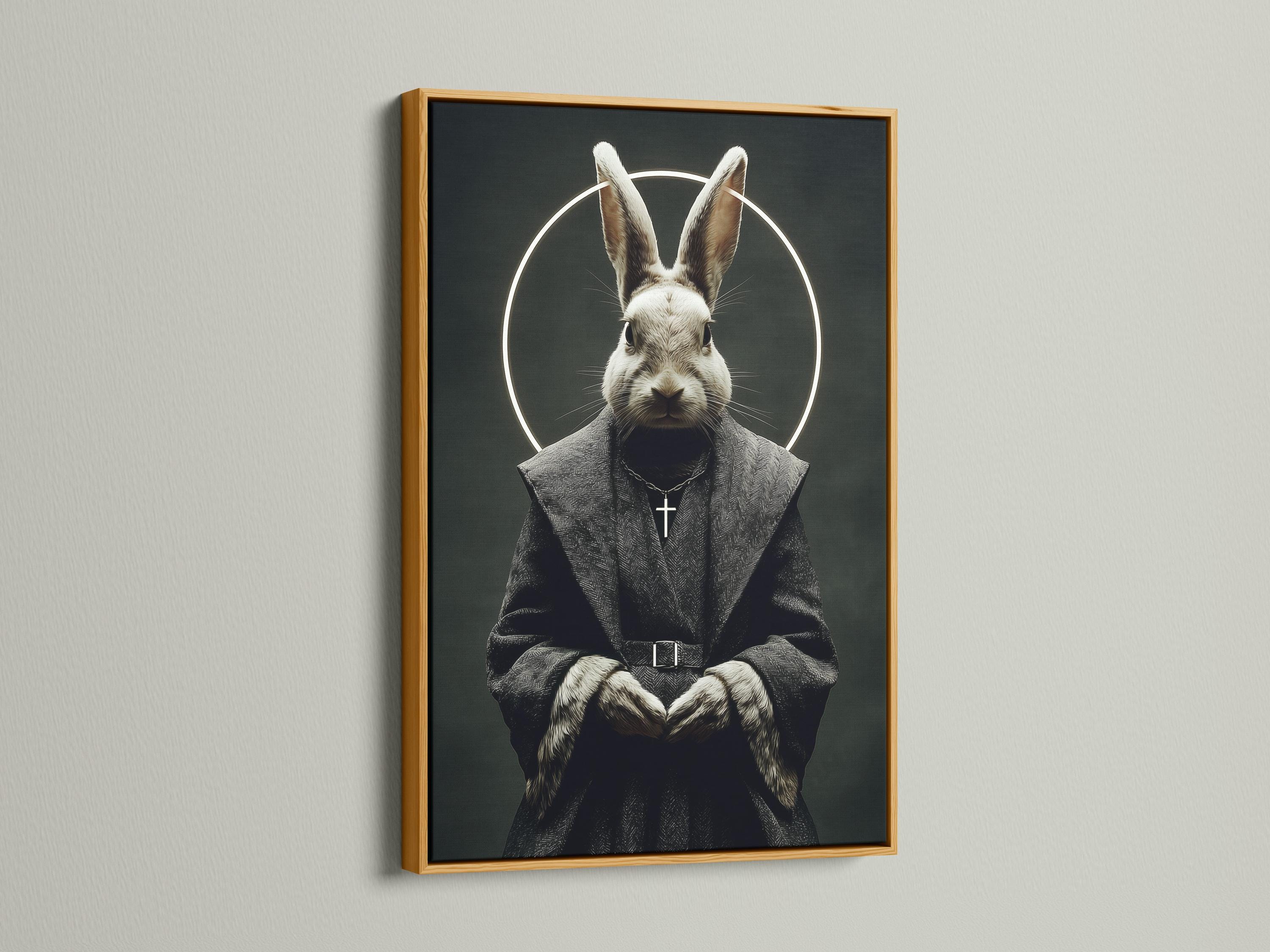 Monochrome rabbit monk portrait with a glowing halo, hooded robe, and a small cross pendant detail view