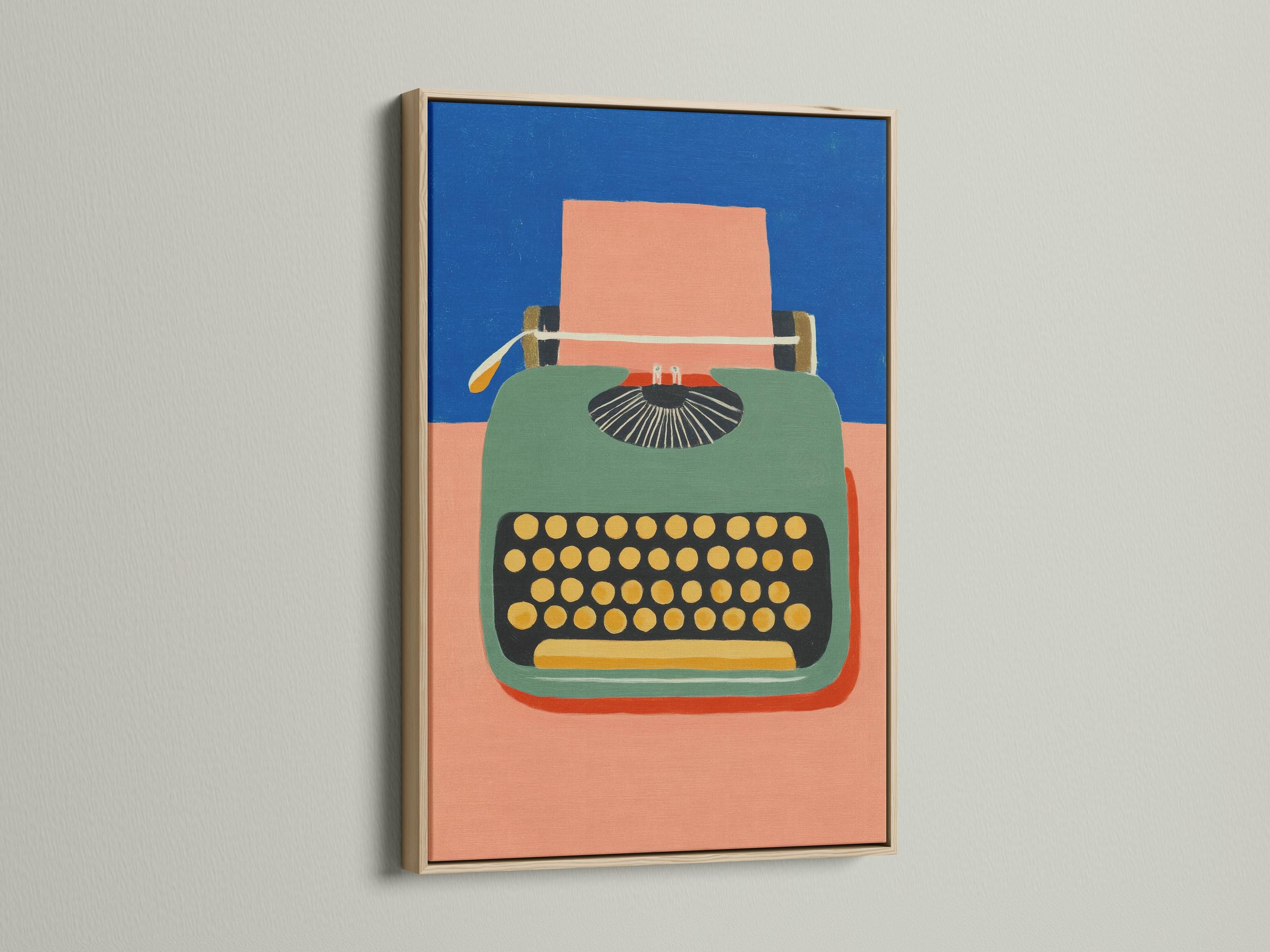 Stylised typewriter illustration with blue background, peach and green body, and gold dot keyboard detail view