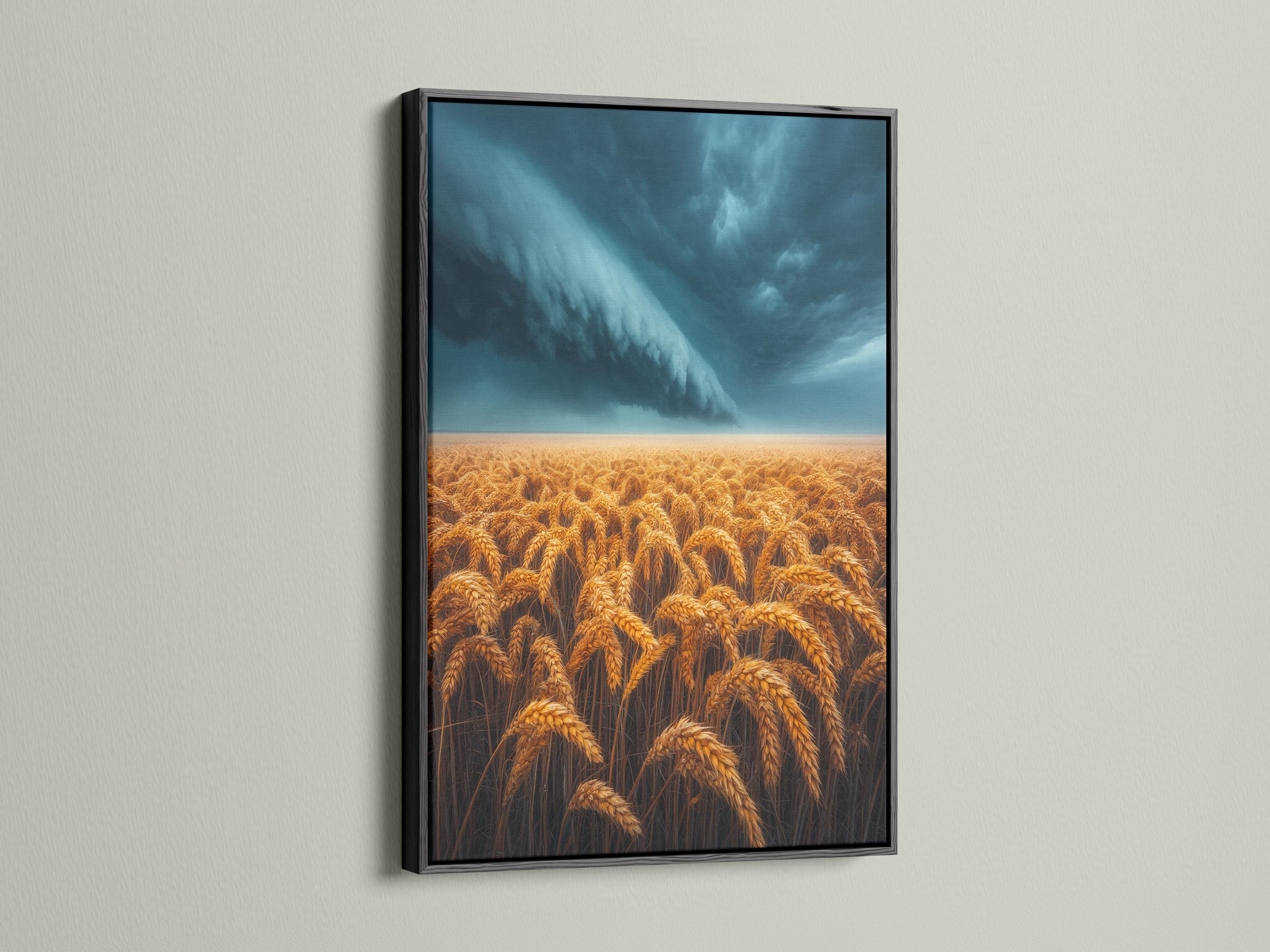 Golden wheat field under a stormy blue-grey sky with sweeping clouds and a bright horizon band detail view