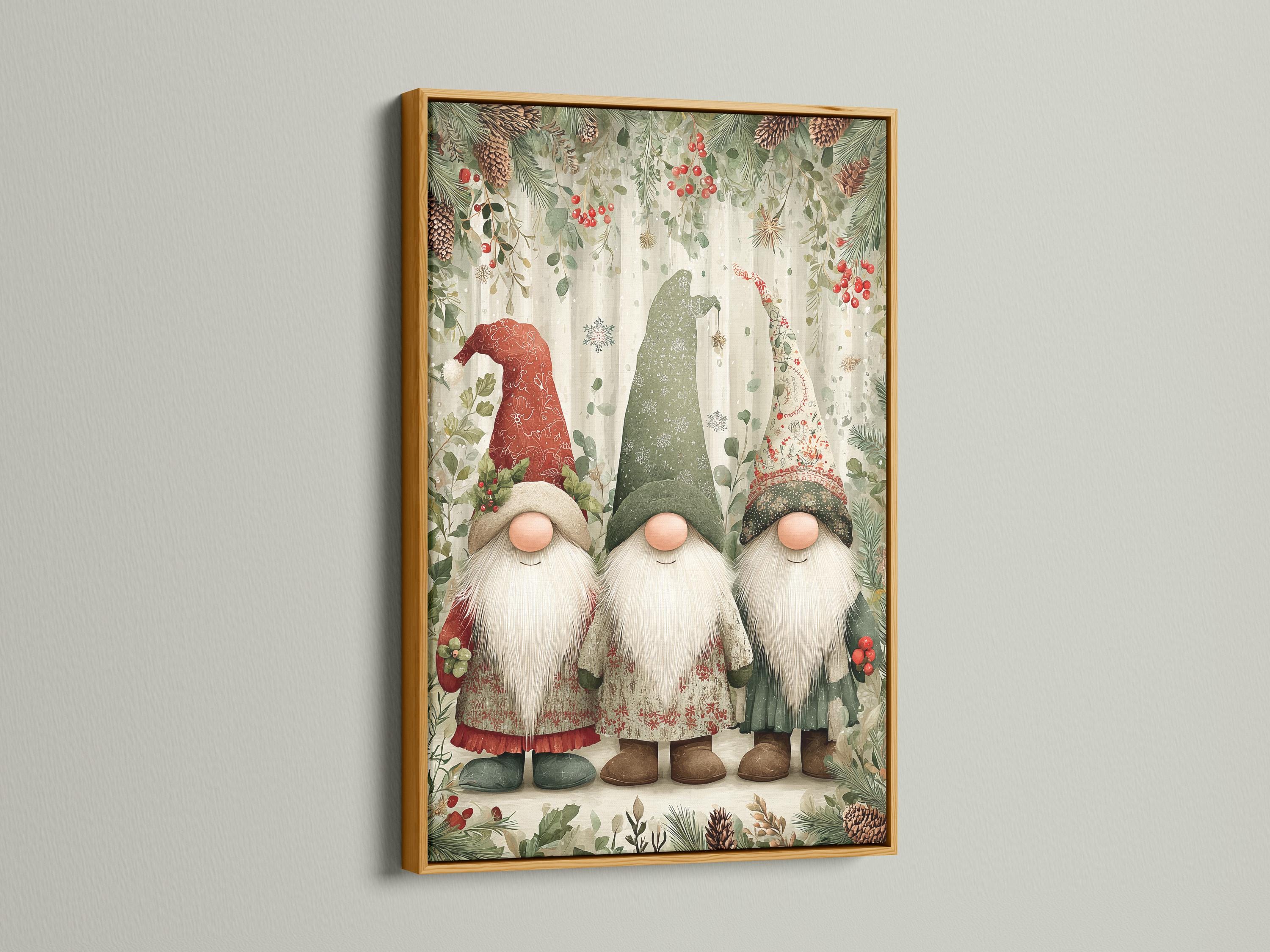 Three winter gnomes with long white beards standing in a festive evergreen scene detail view