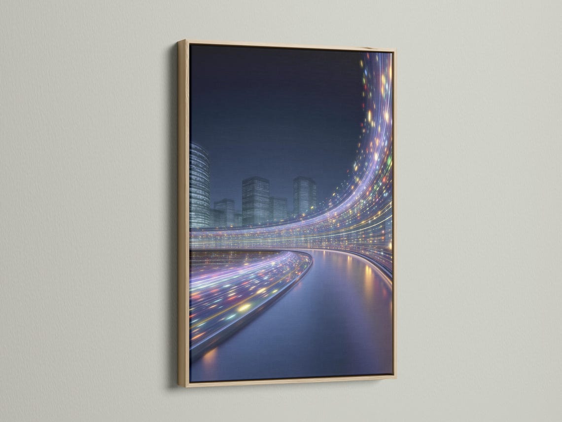 Night cityscape with high-rise buildings, a curving road, and glowing light trails detail view