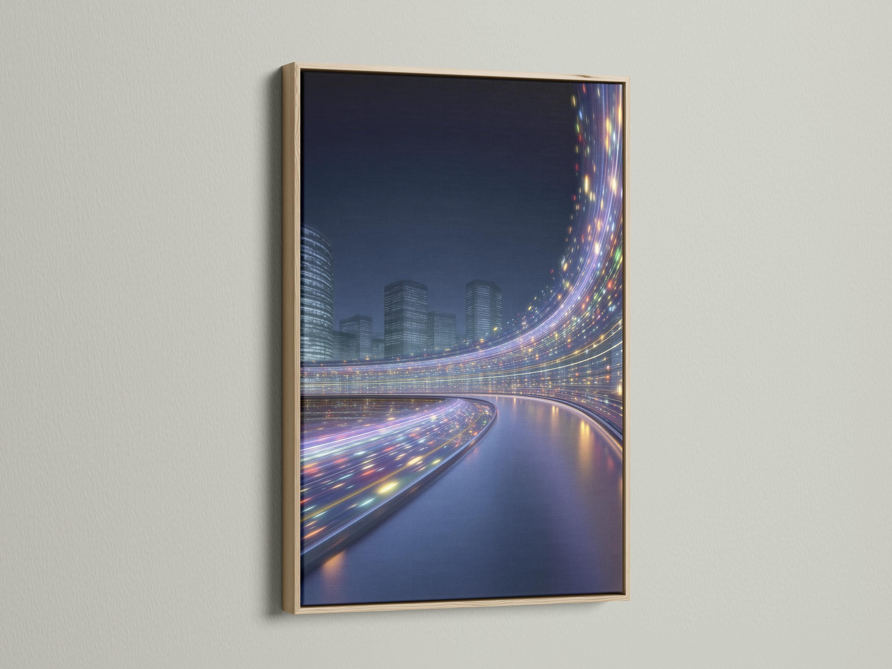 Night cityscape with high-rise buildings, a curving road, and glowing light trails detail view