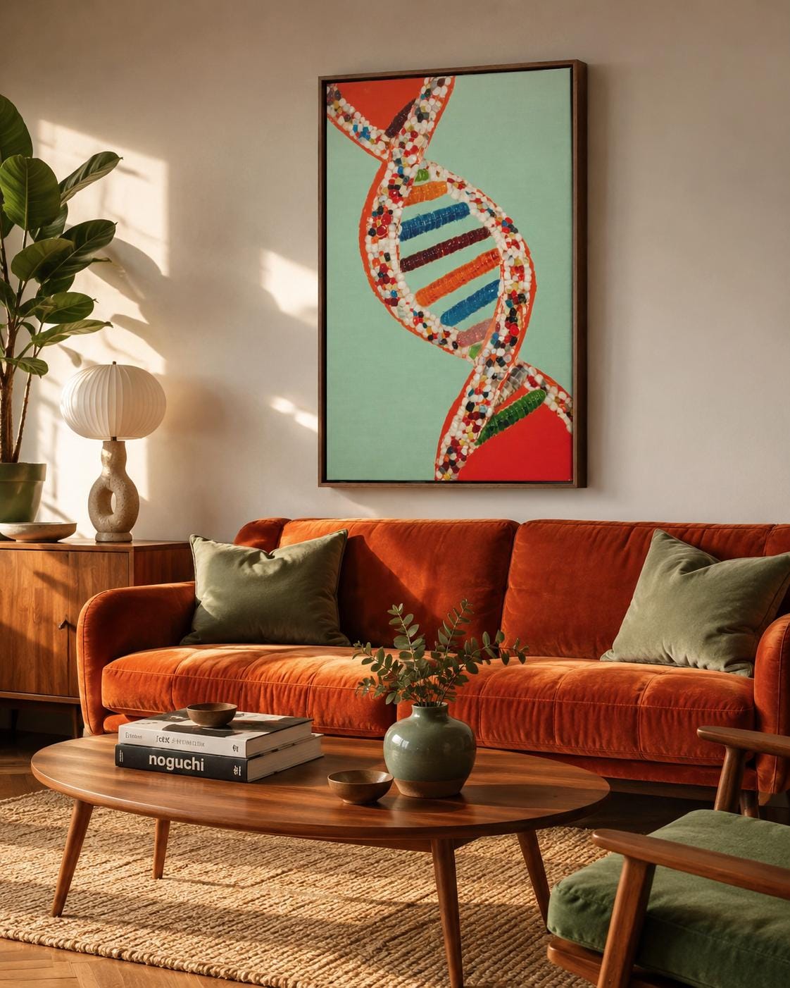 A researcher in a white lab coat stands next to a framed DNA double helix artwork