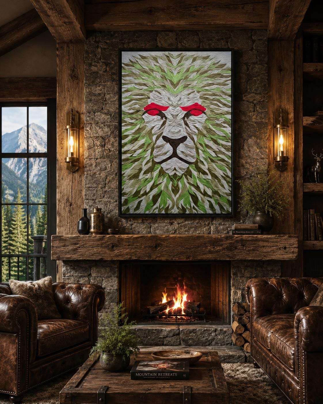 Room mockup showing a large lion artwork with green leaf pattern and red eyes above a bed