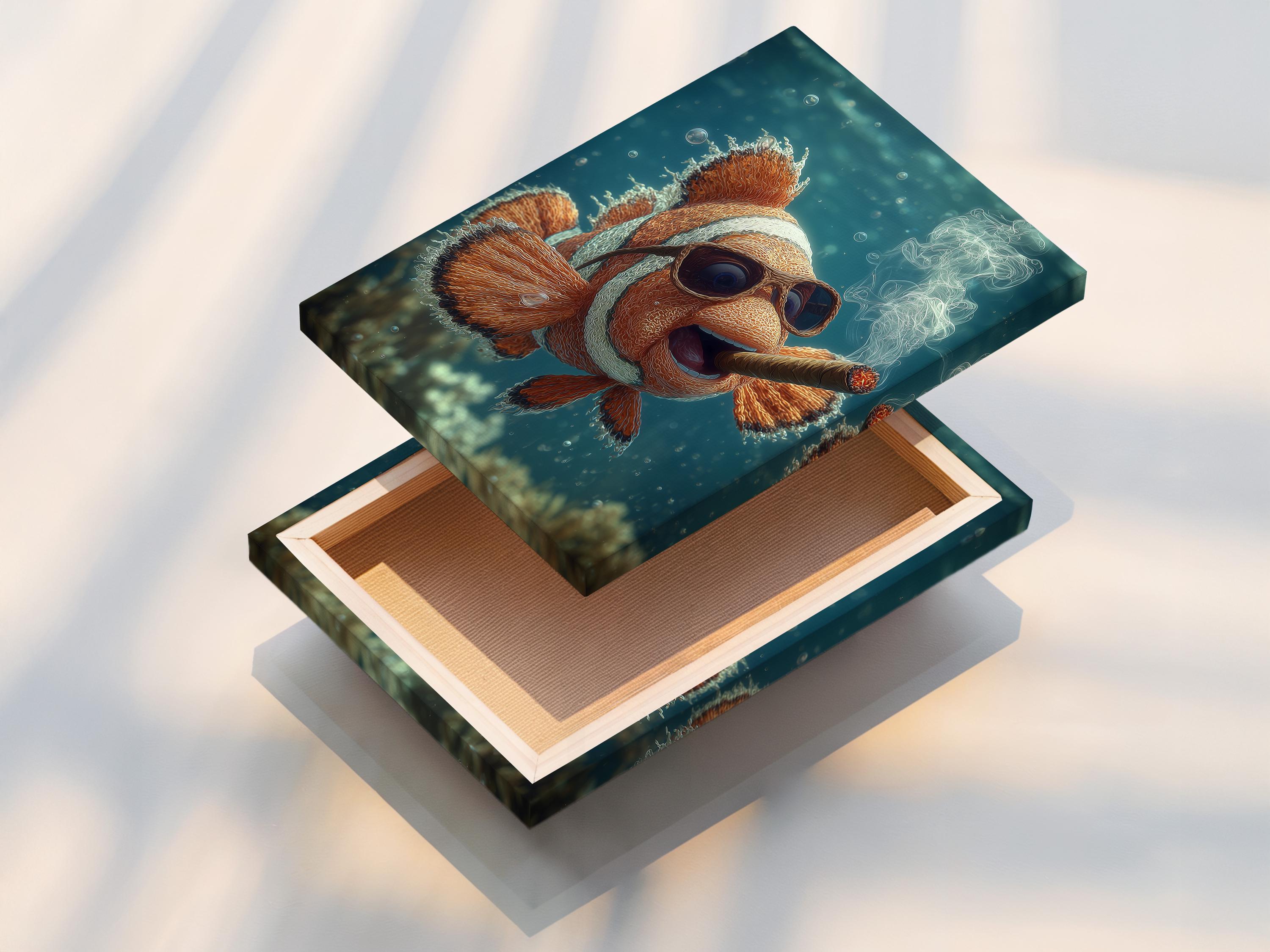 Illustrated clownfish swimming underwater with orange coral, bubbles, and wispy smoke-like curls detail view