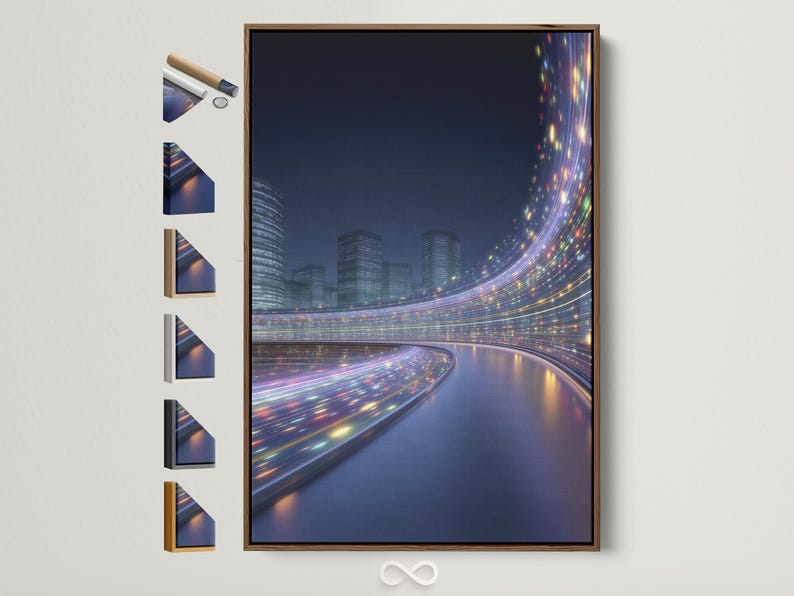 Night cityscape with high-rise buildings, a curving road, and glowing light trails