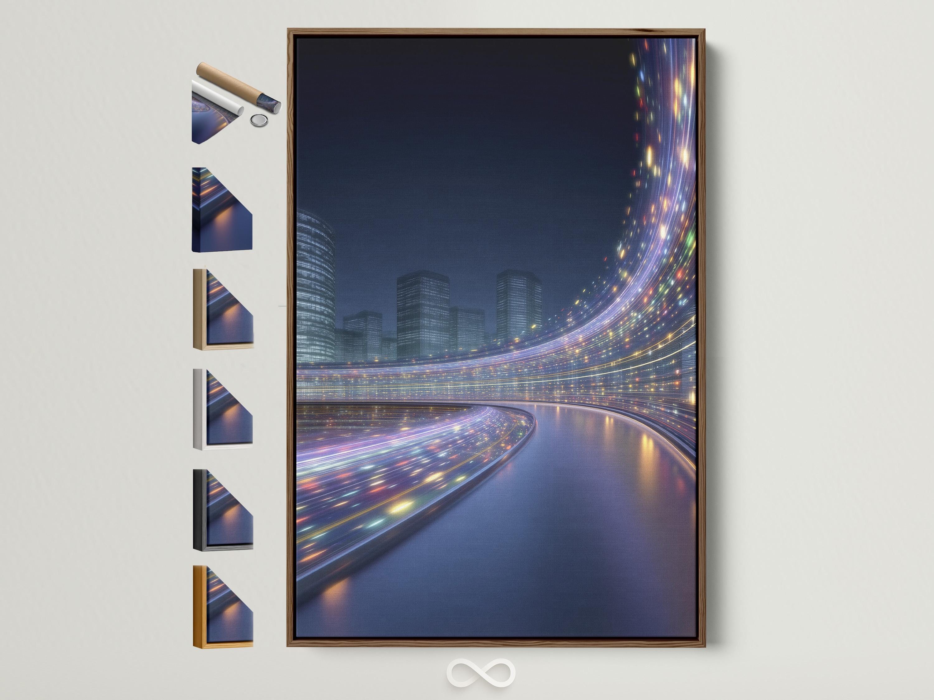 Night cityscape with high-rise buildings, a curving road, and glowing light trails