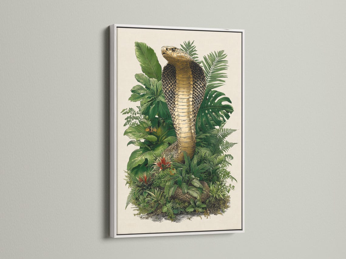 Coiled snake with patterned scales surrounded by dense green jungle leaves and small red flower accents detail view
