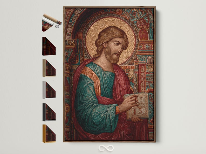 Mosaic-style saint portrait with gold halo, arched patterned background and red teal robes