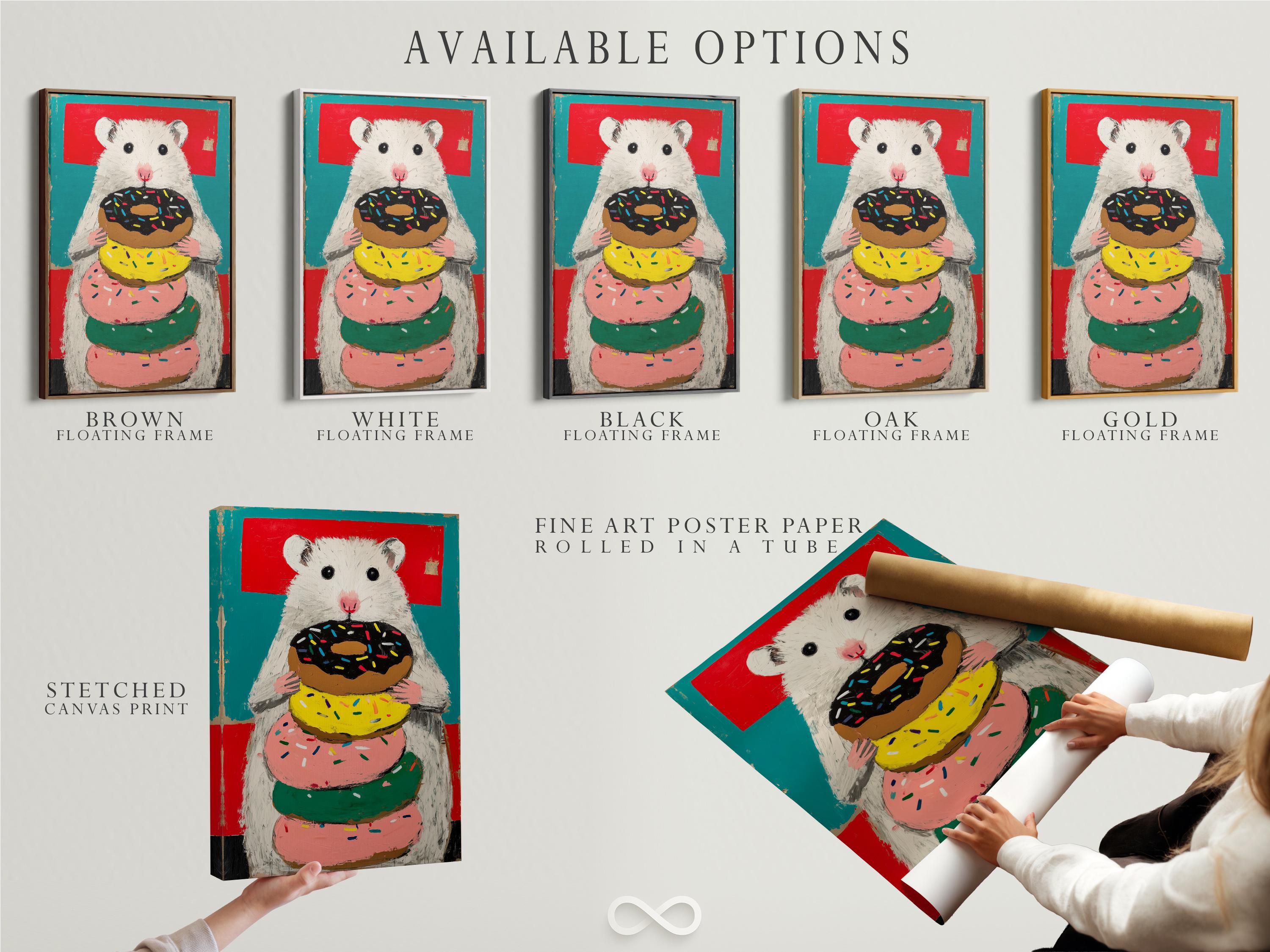 Playful hamster holding a doughnut stack with colourful sprinkles against a red and teal background detail view