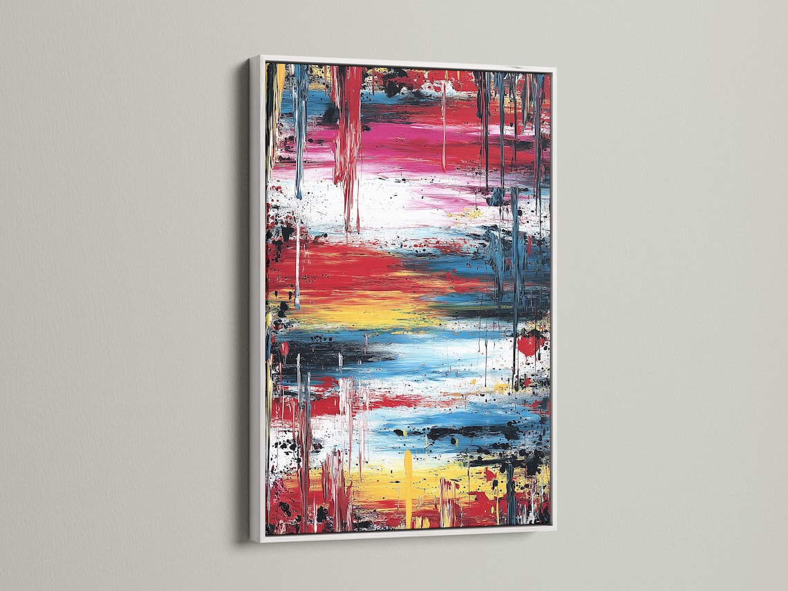Abstract expressionist painting with red, blue, yellow, white and dark drips detail view