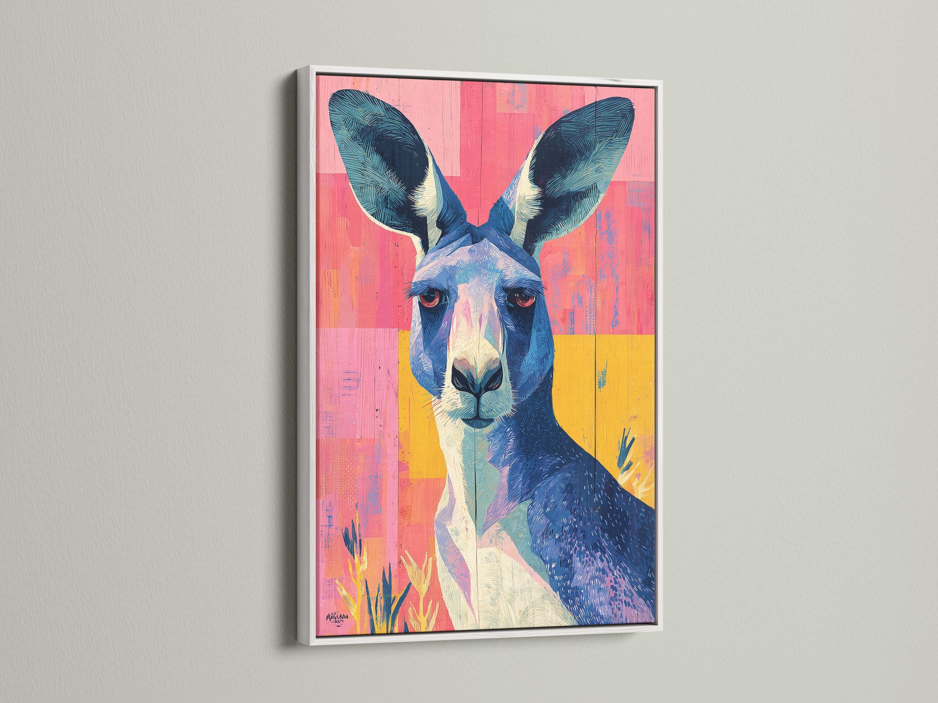 Stylised kangaroo portrait in deep blue and cream on a hot pink and yellow colour-block background detail view