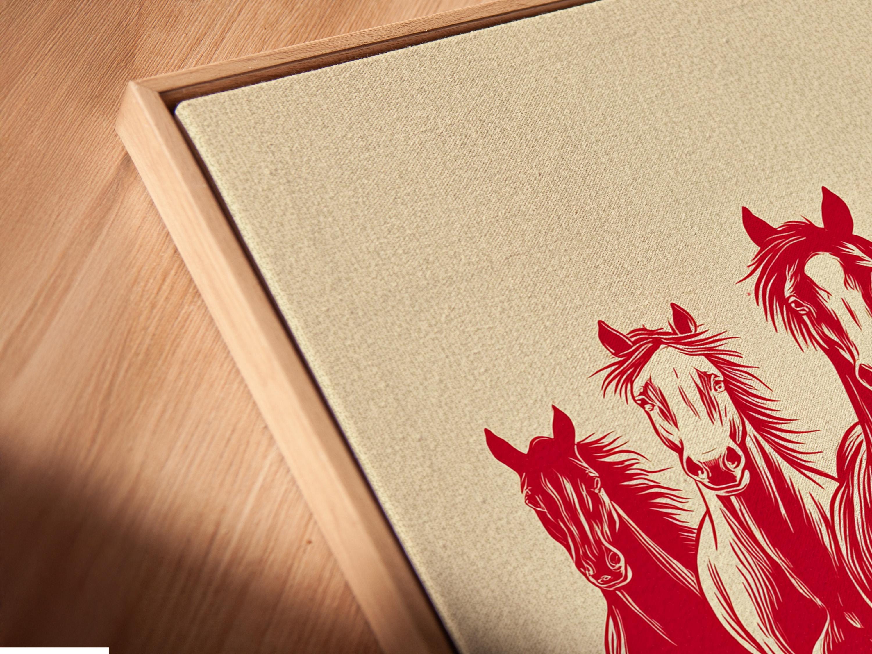 Red silhouette of four running horses on a cream background with striped ground detail view