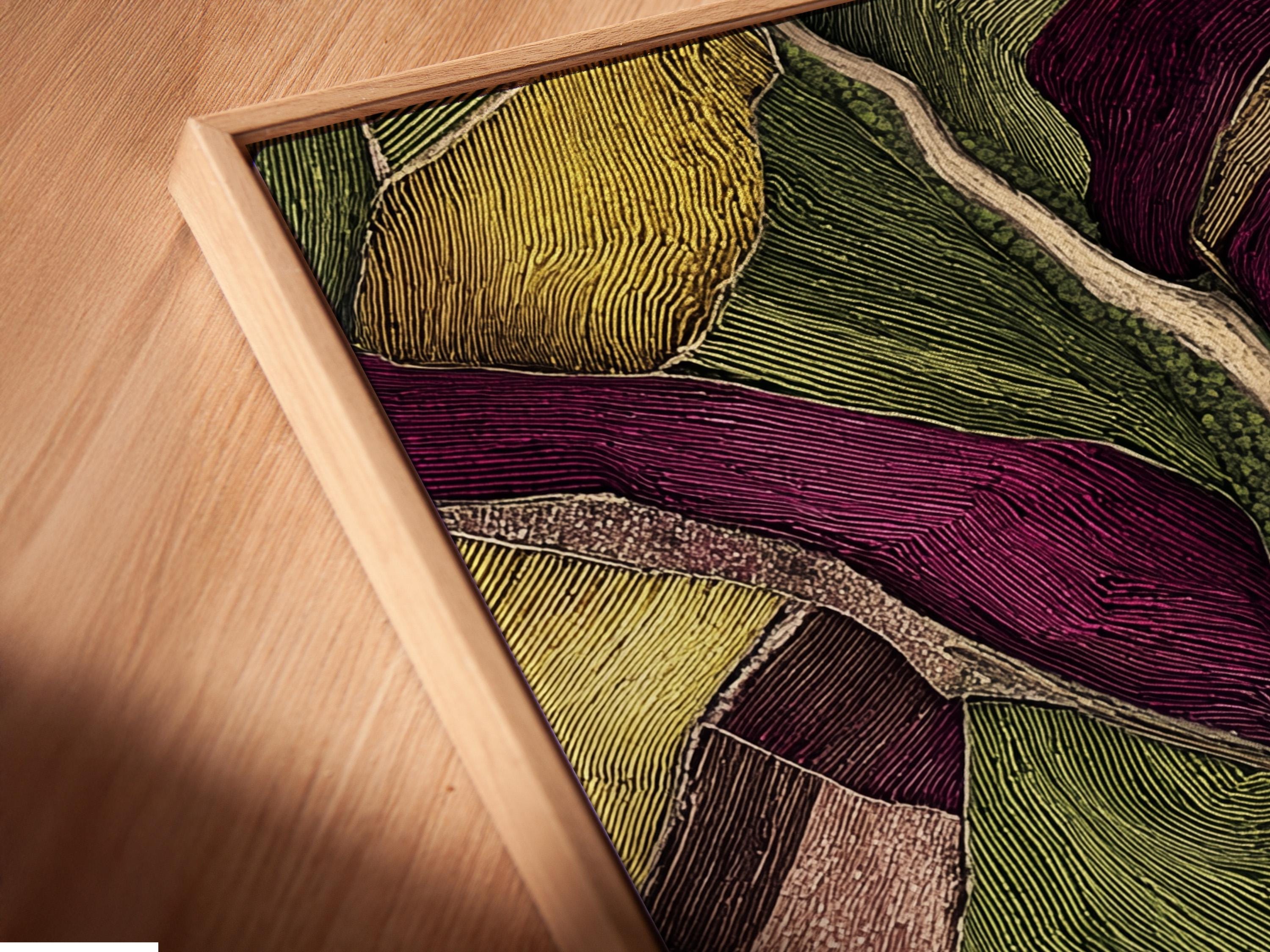 Room mockup with a framed abstract landscape artwork in green and plum tones
