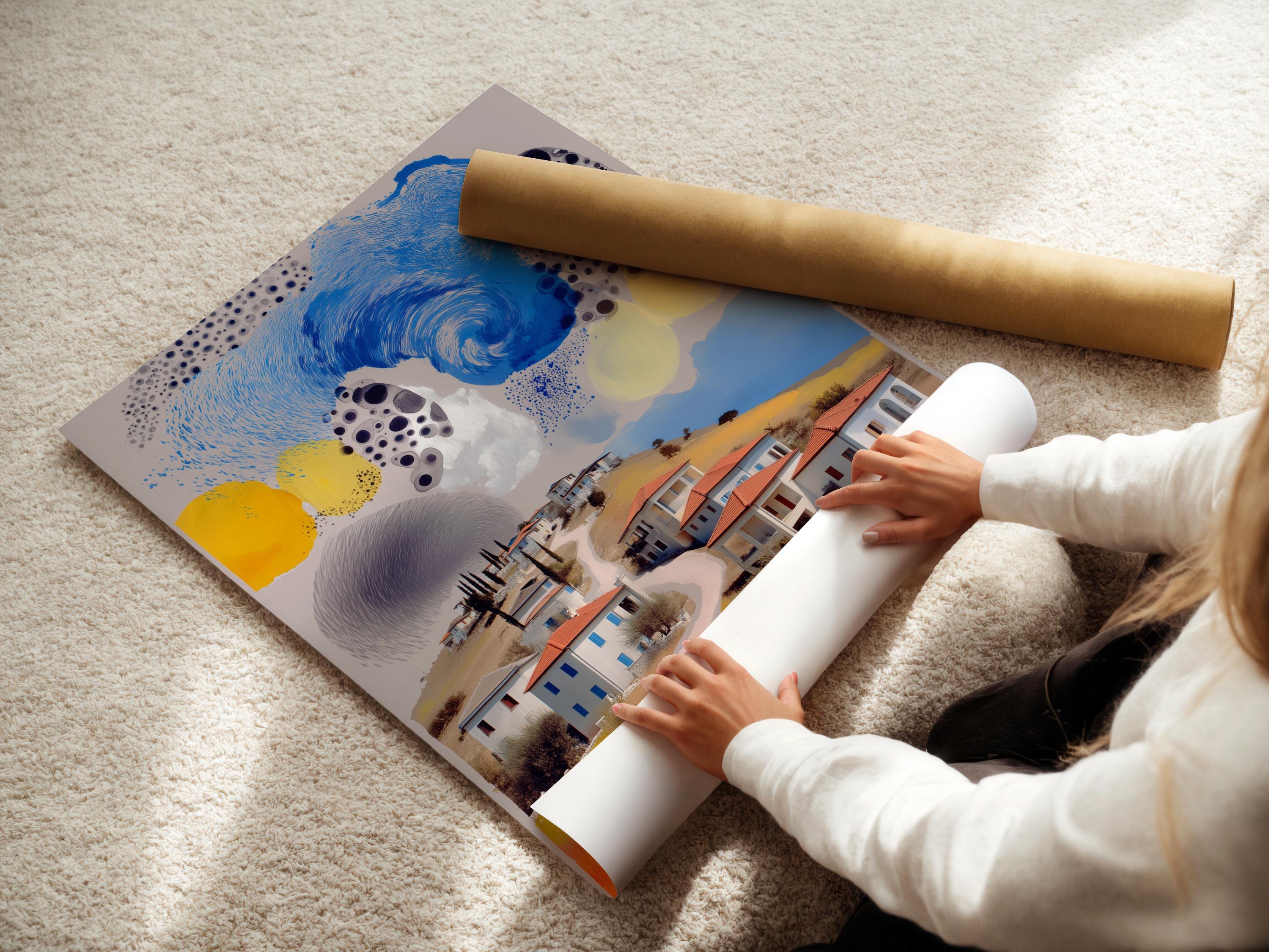 Room mockup featuring a framed stylised village landscape artwork with a swirling blue sky
