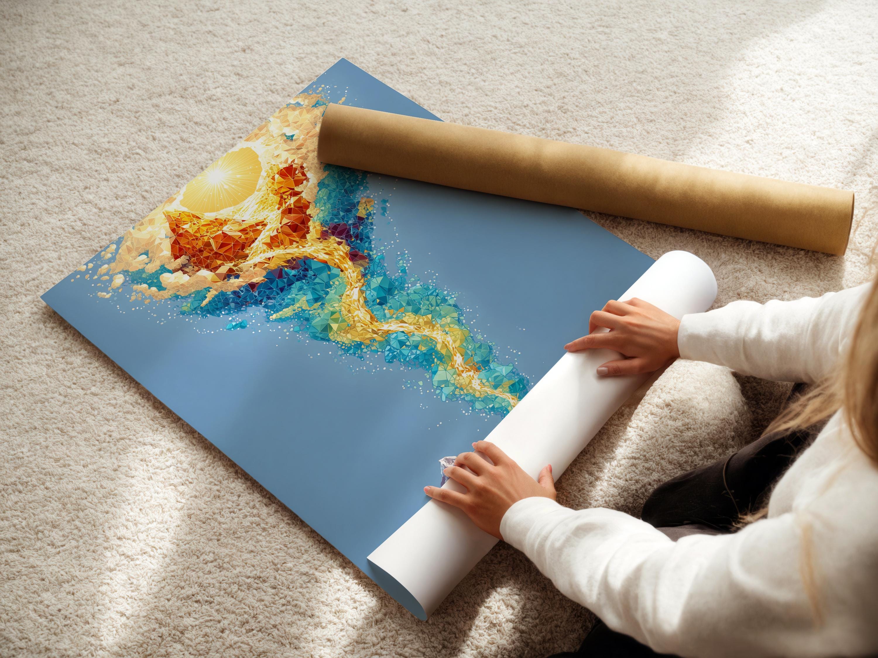 Blue mountain lake artwork with a glowing golden faceted human-like figure rising above it detail view
