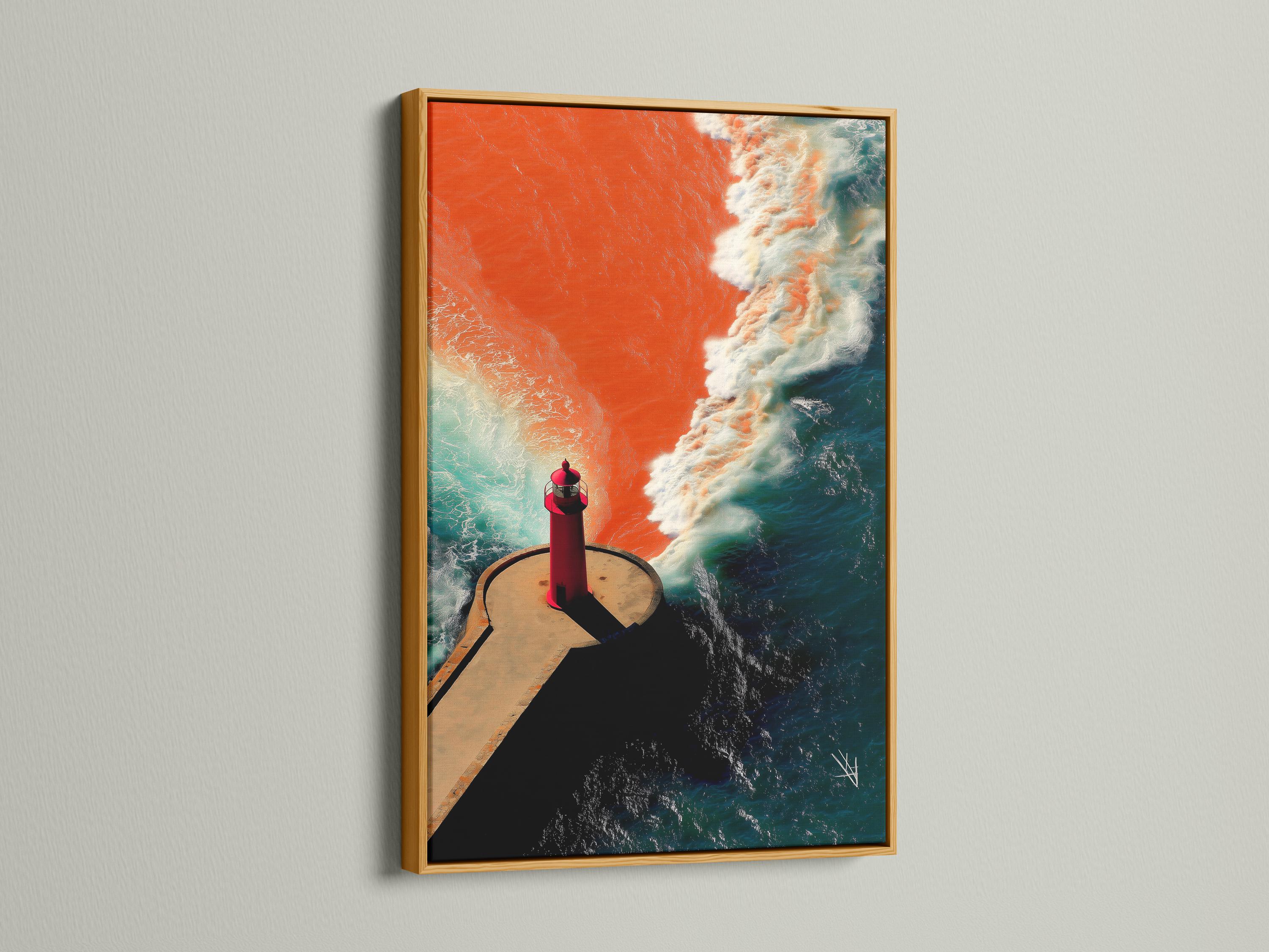 Red lighthouse on a curved pier with teal ocean waves and white foam detail view