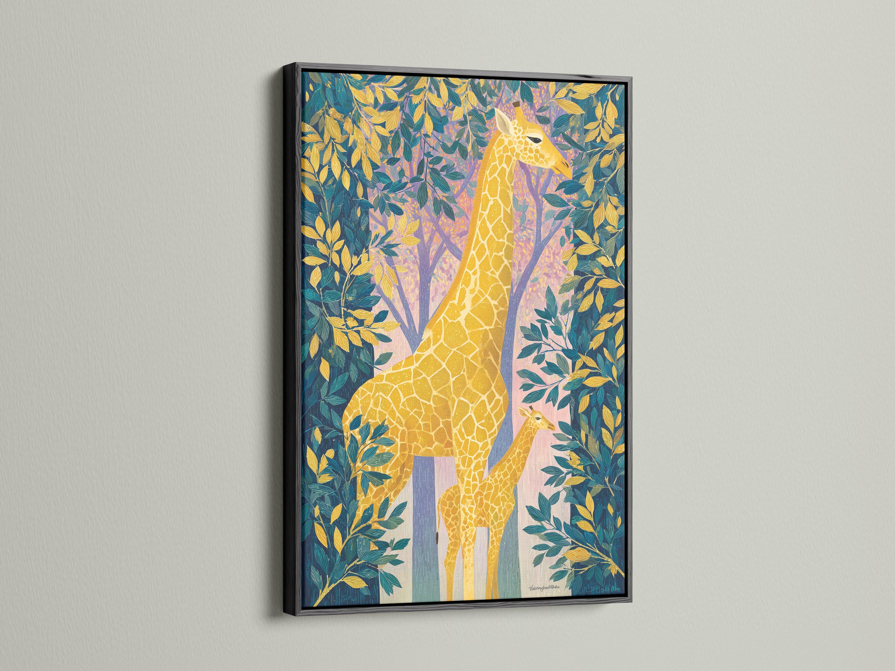 Artwork mockup showing a framed illustration of a giraffe with tropical foliage and tree trunks