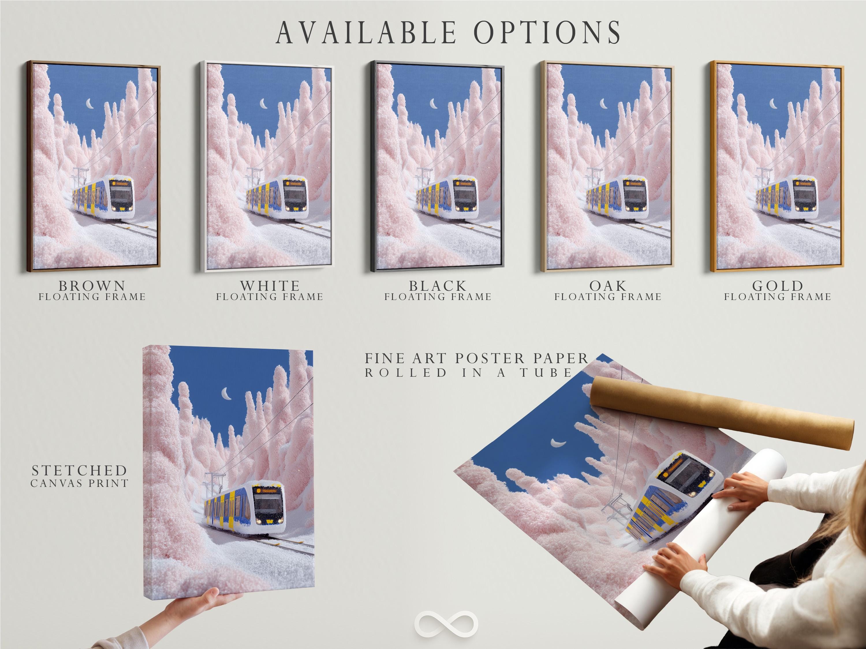 Snowy train on diagonal tracks with a pale moon above blush-pink winter trees and deep blue sky detail view