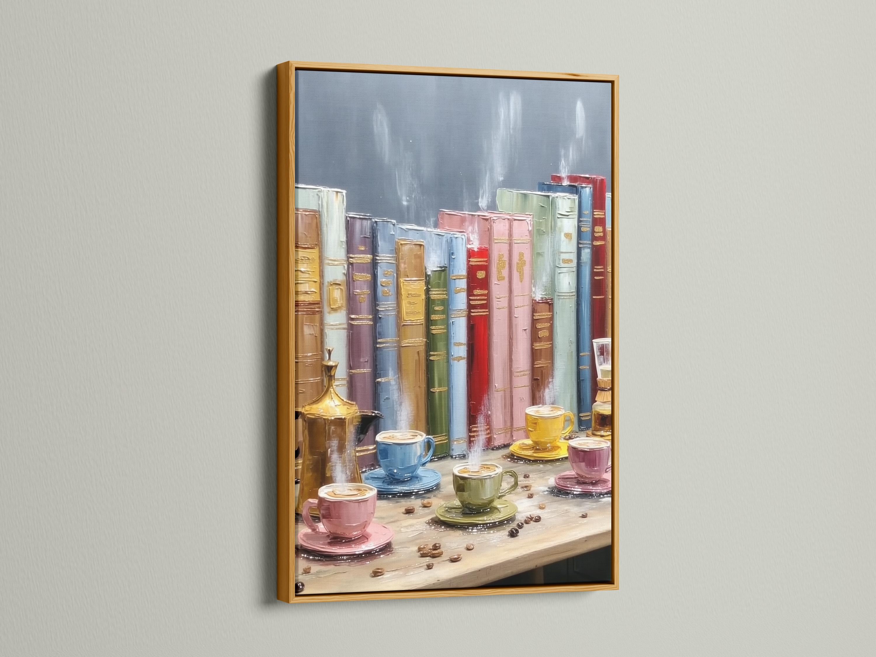 Painterly still life of stacked books and coffee cups with a teapot detail view