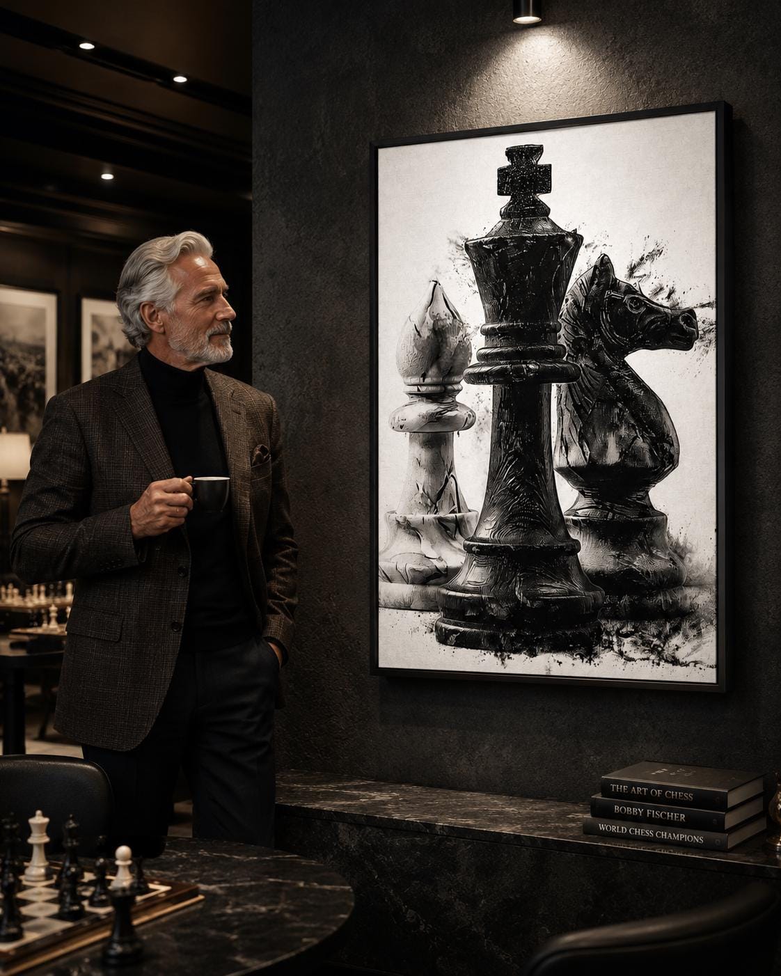 Monochrome chess artwork featuring a black king-like figure with distressed ink-splatter texture detail view