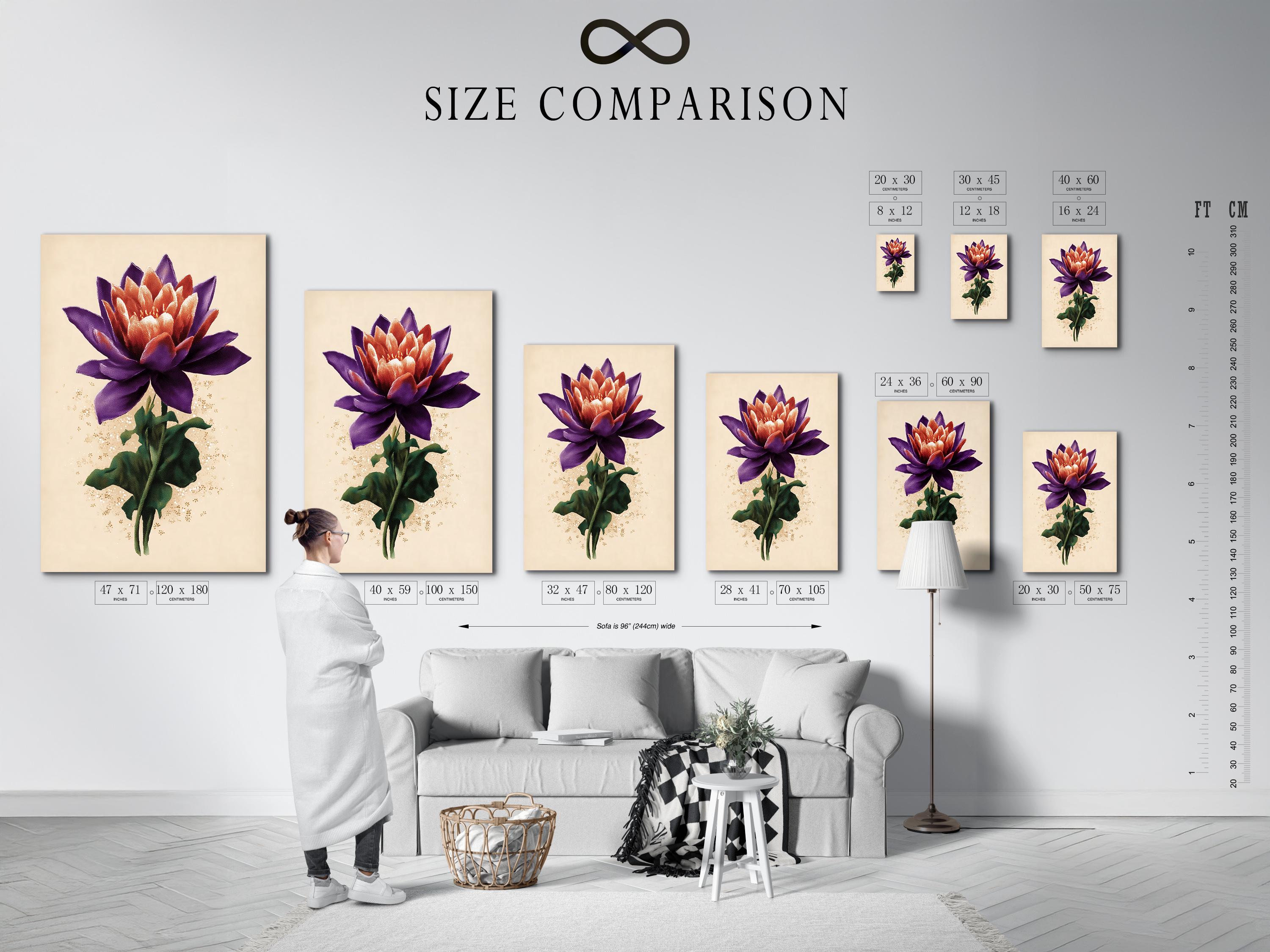 Lotus flower botanical artwork with purple petals, green leaves and gold speckles on a cream background detail view