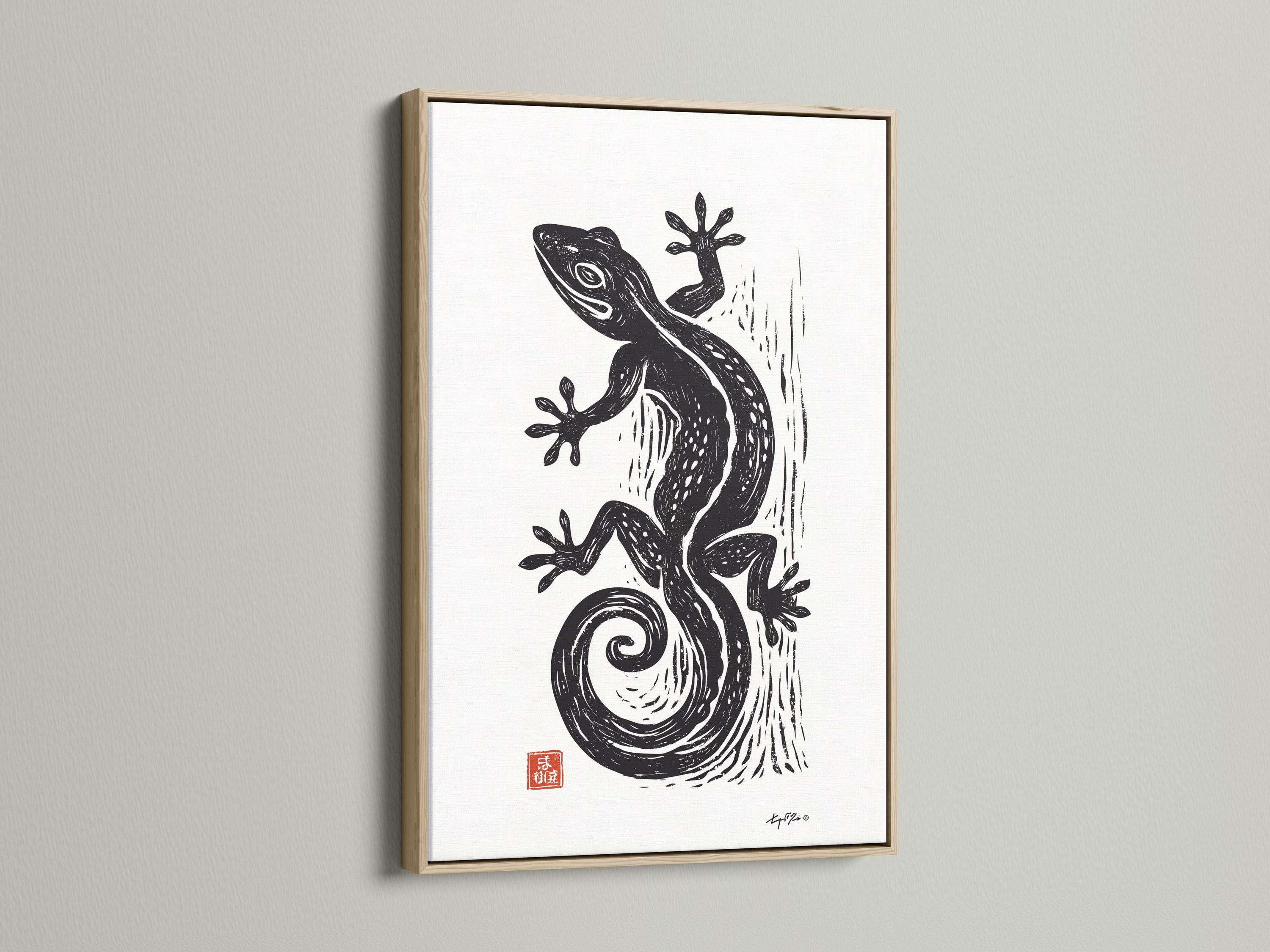 Room mockup showing framed lizard illustration on a wall with small red seal detail