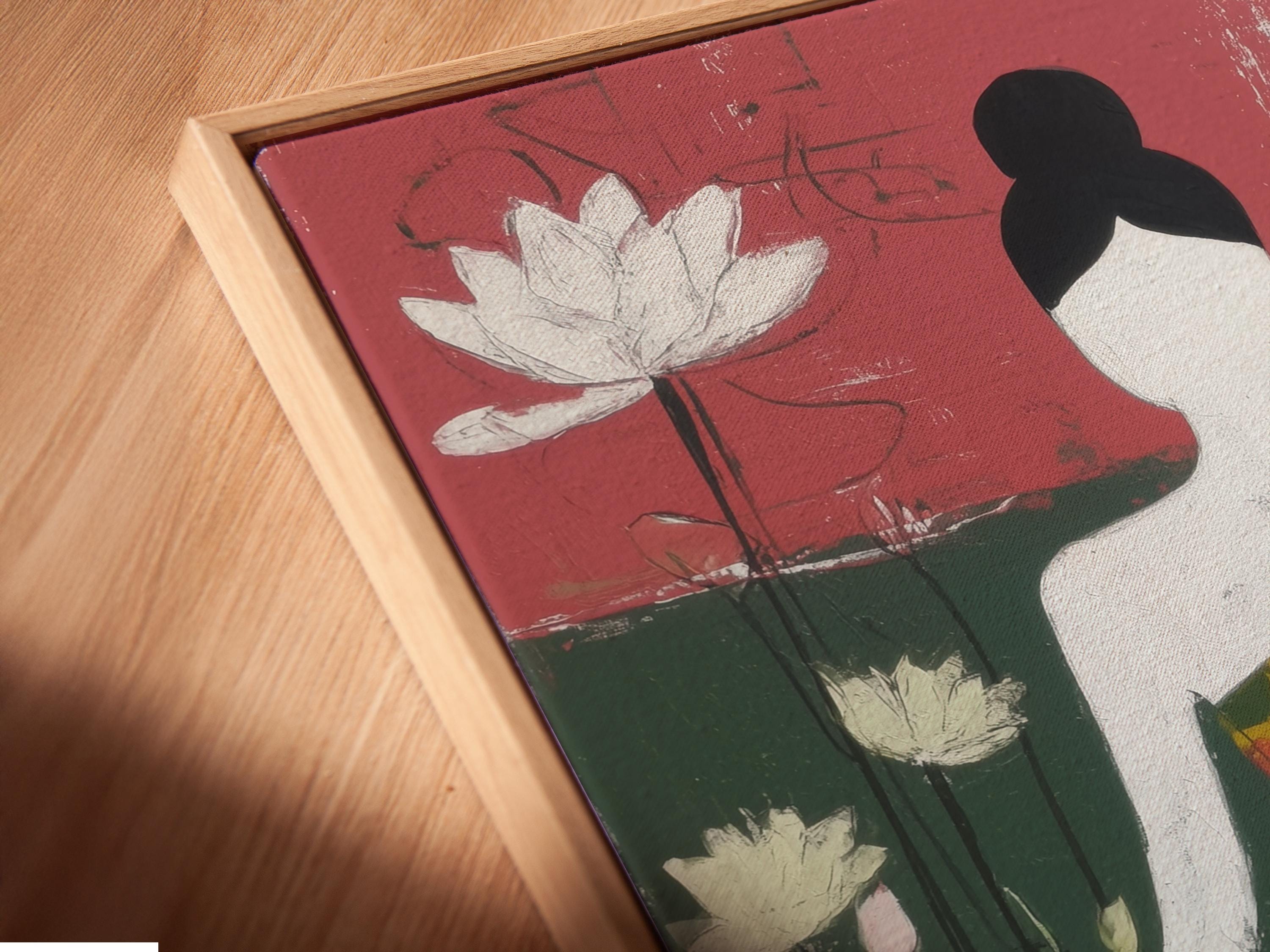 Stylised seated figure surrounded by white lotus flowers with rose pink and green textured background detail view