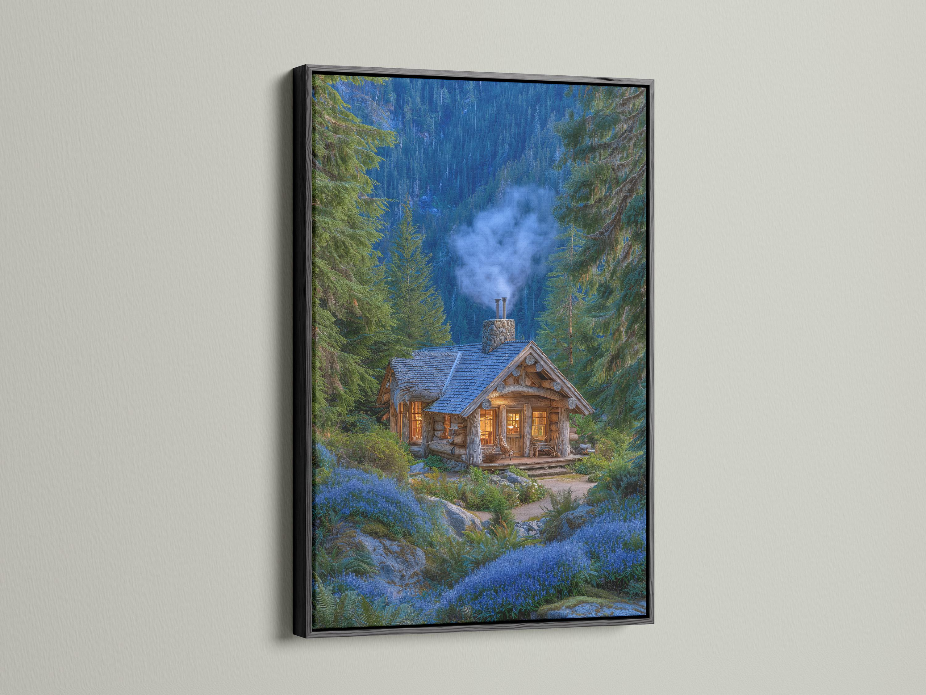 Forest cabin scene with evergreen trees, blue mist, and warm glowing windows detail view