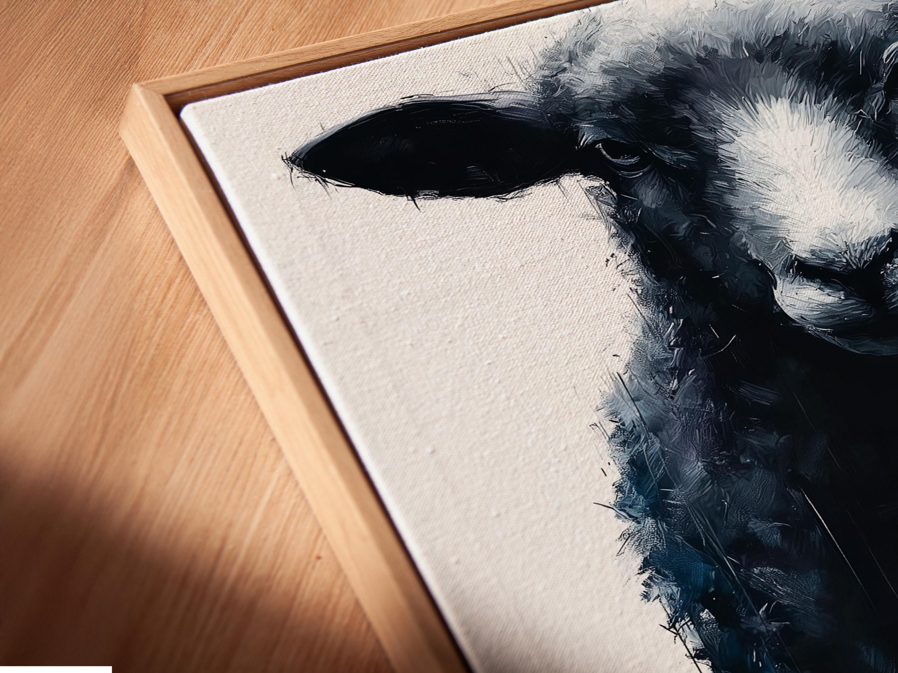 Sheep portrait artwork displayed in a bright industrial-style room