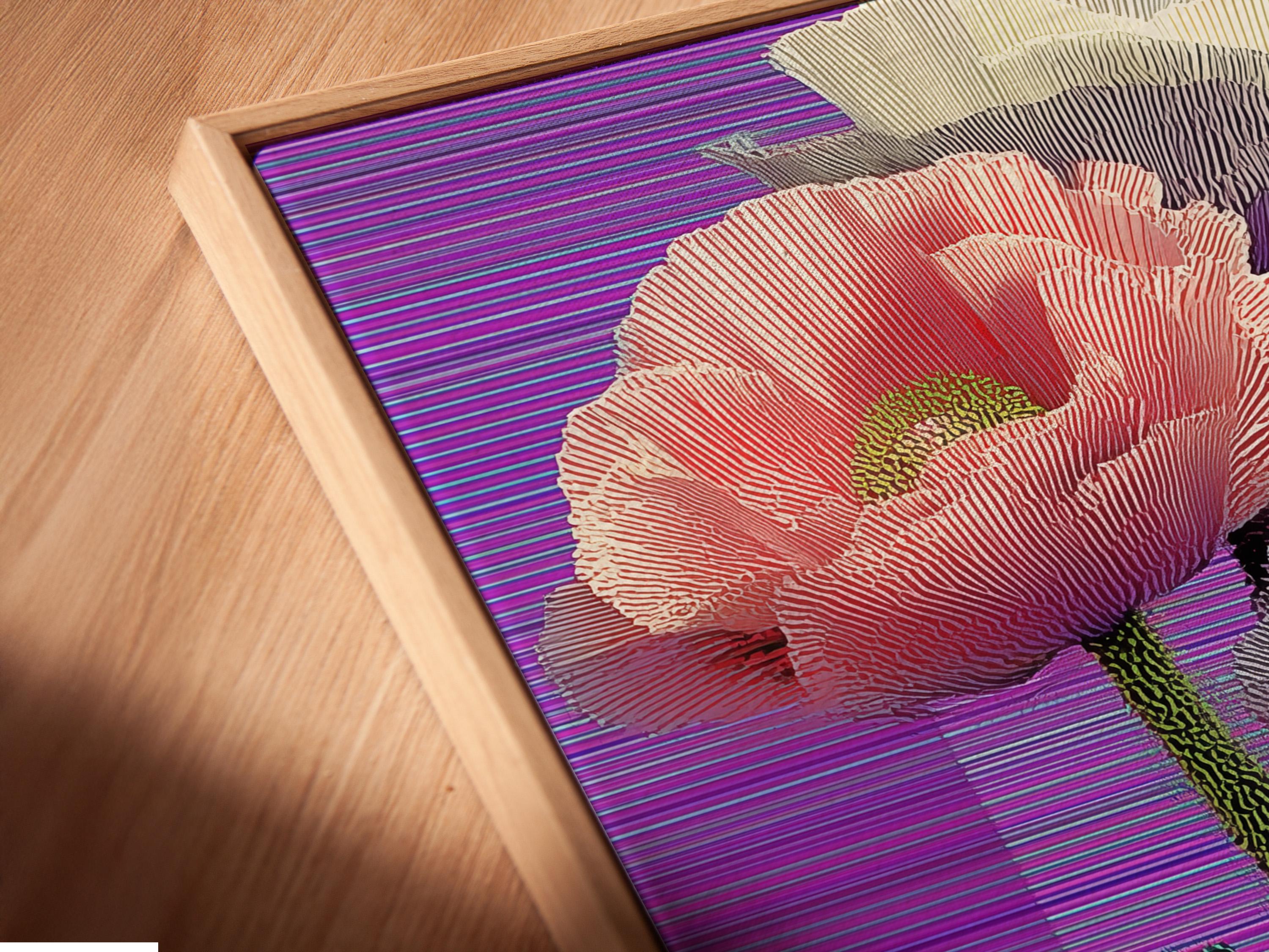 Retro glitch poppy flowers in pink, purple and teal with a striped vase and horizontal purple lines detail view