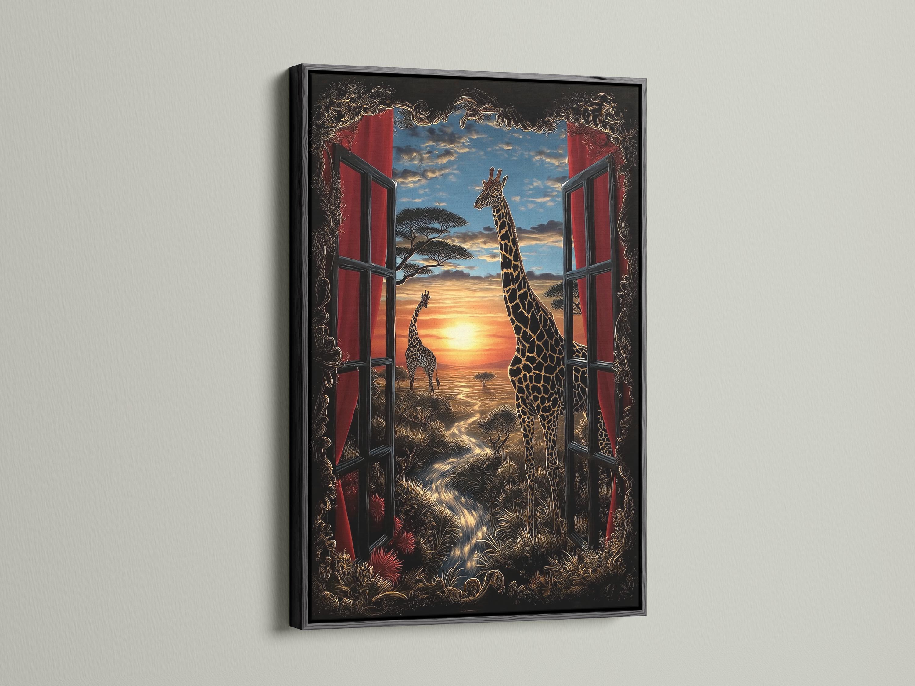 Framed giraffe window-view sunset artwork shown on a wall, with curtain shutters and a savanna