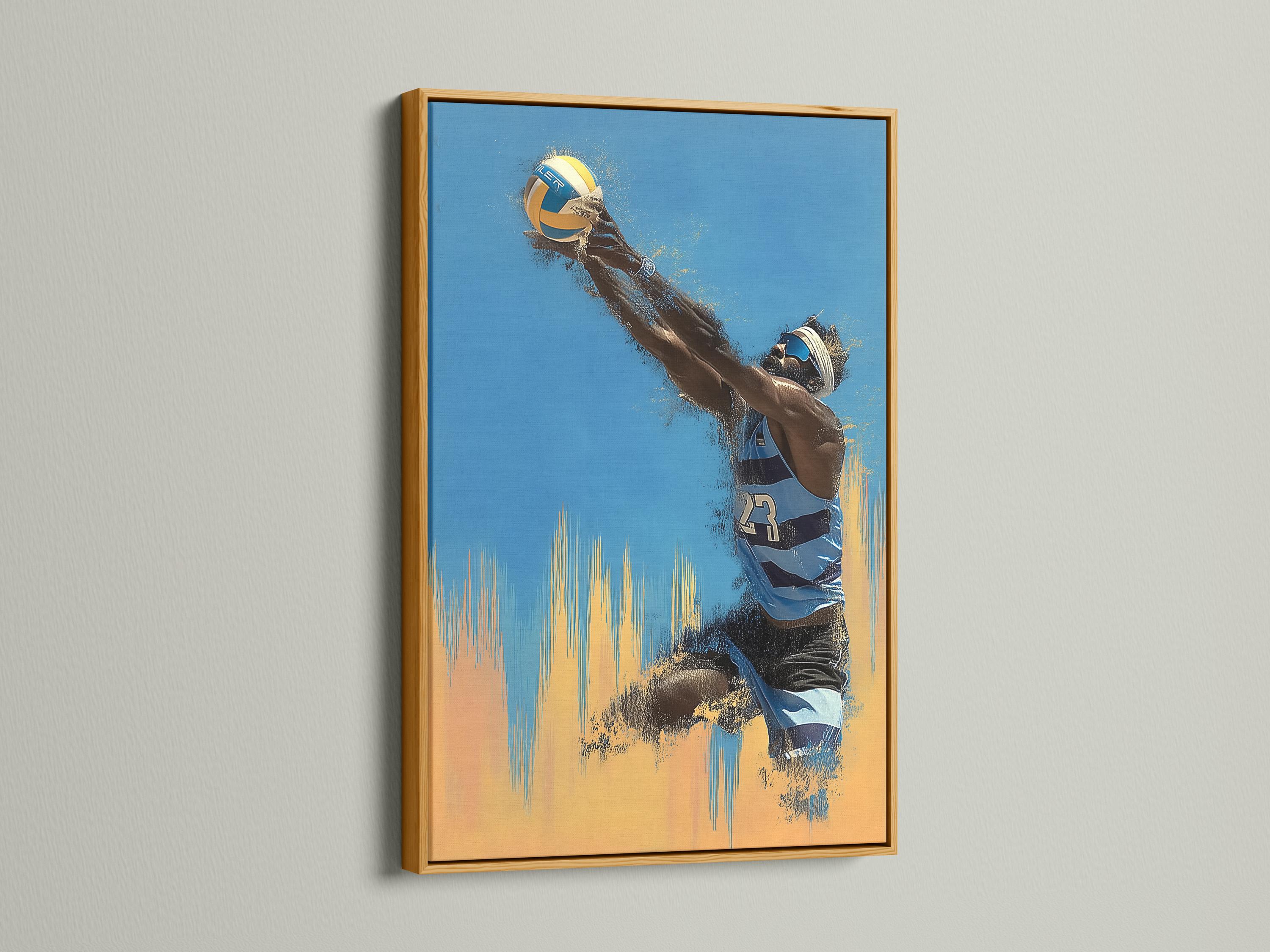 Volleyball player artwork in a dynamic pose with blue and sandy yellow paint splashes detail view