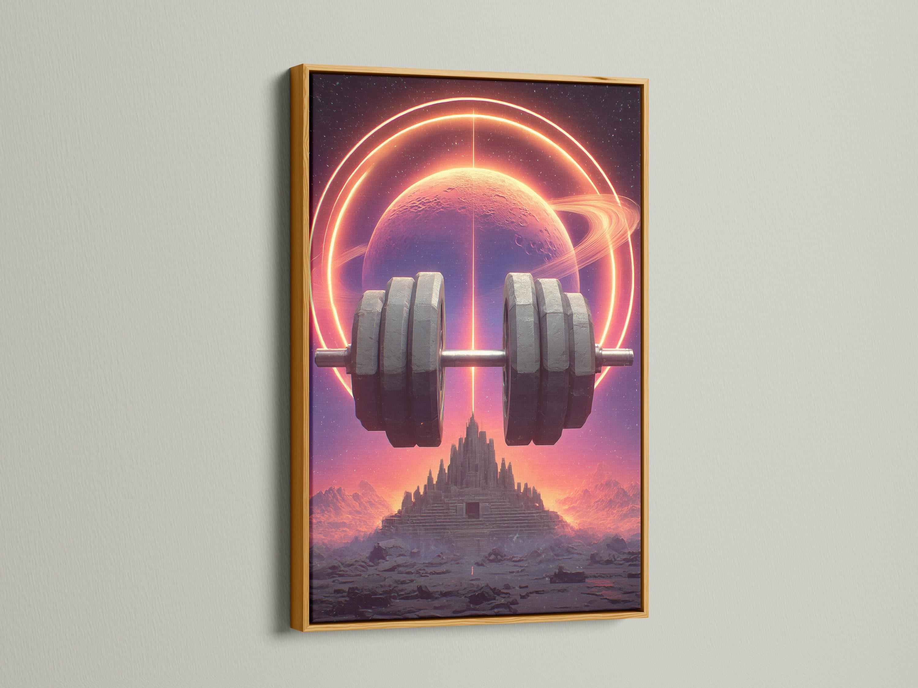 Futuristic gym wall art artwork mockup with neon planet and barbell