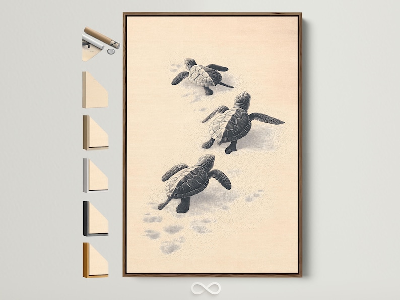 Illustrated sea turtles in charcoal tones on a warm beige background with dotted sand texture