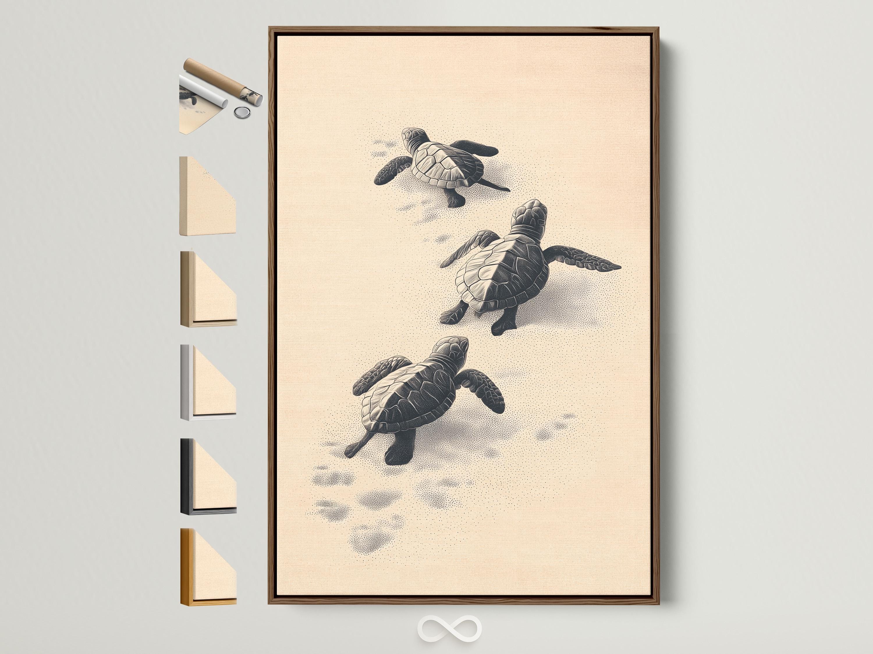 Illustrated sea turtles in charcoal tones on a warm beige background with dotted sand texture