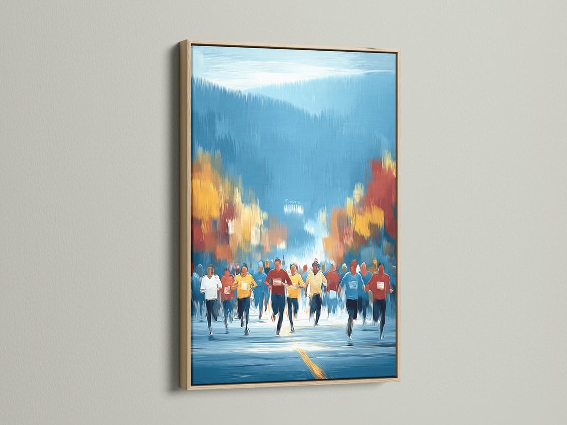 Stylised painting of runners in blue with warm gold horizon light and reflective foreground detail view